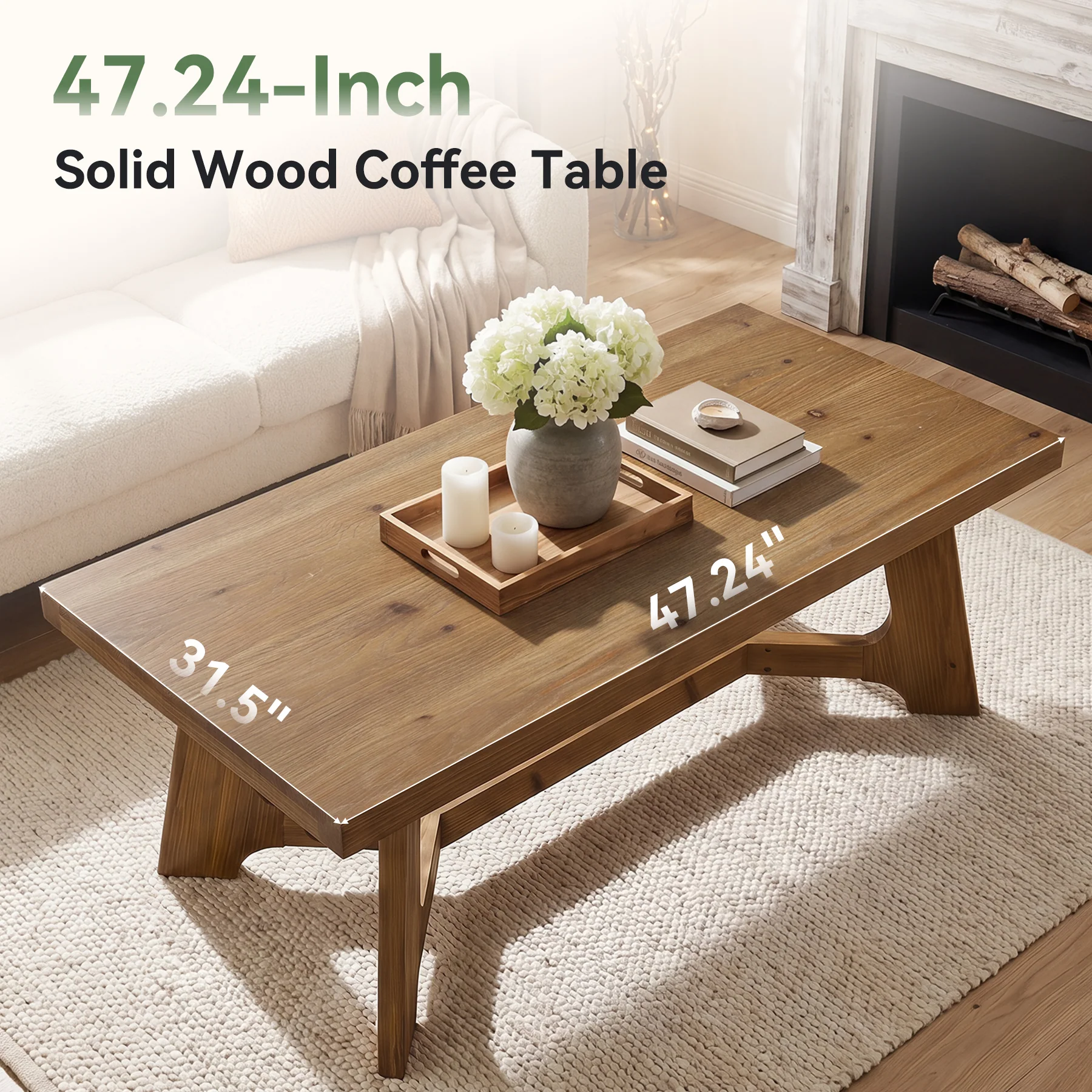 47" Solid Wood Coffee Table, Farmhouse Center Table for Living Room - Image 7