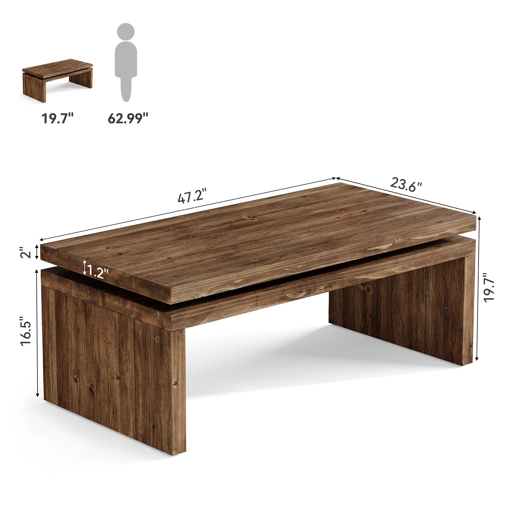 47" Solid Wood Coffee Table, Farmhouse Rectangle Cocktail Table with Thick Tabletop for Living Room - Image 2