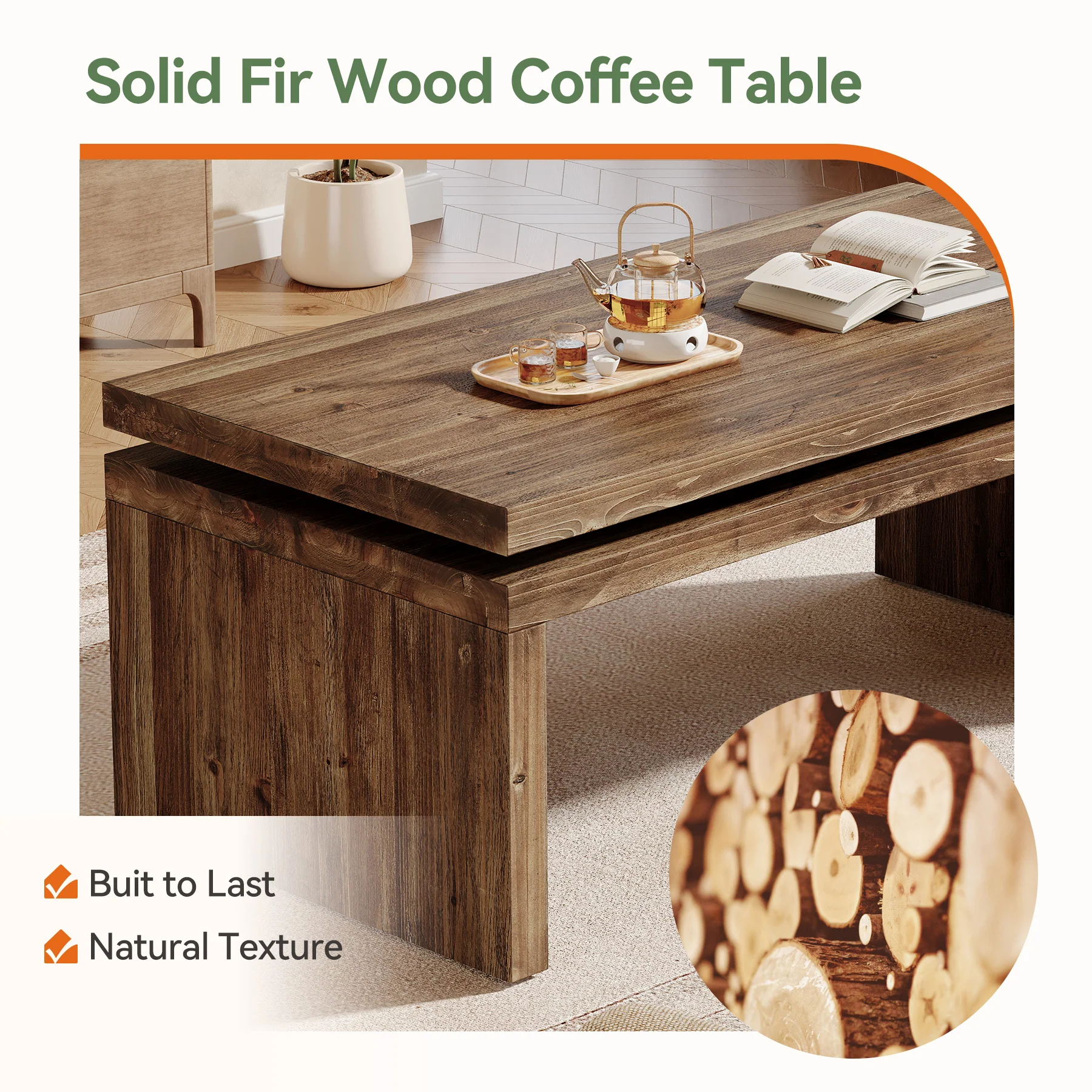 47" Solid Wood Coffee Table, Farmhouse Rectangle Cocktail Table with Thick Tabletop for Living Room - Image 6
