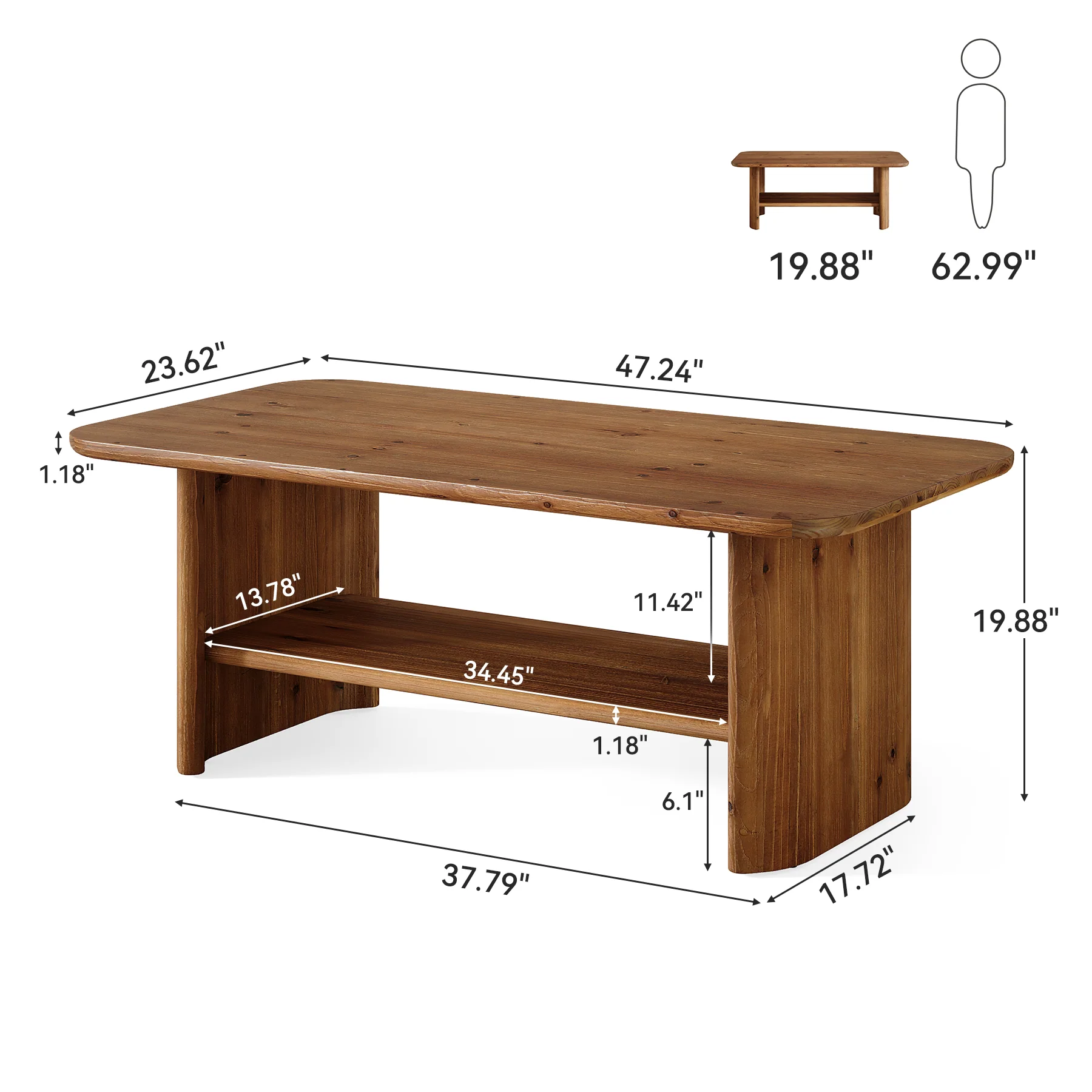 47" Solid Wood Coffee Table, Rectangle Center Table with 2-Tier Storage - Image 2