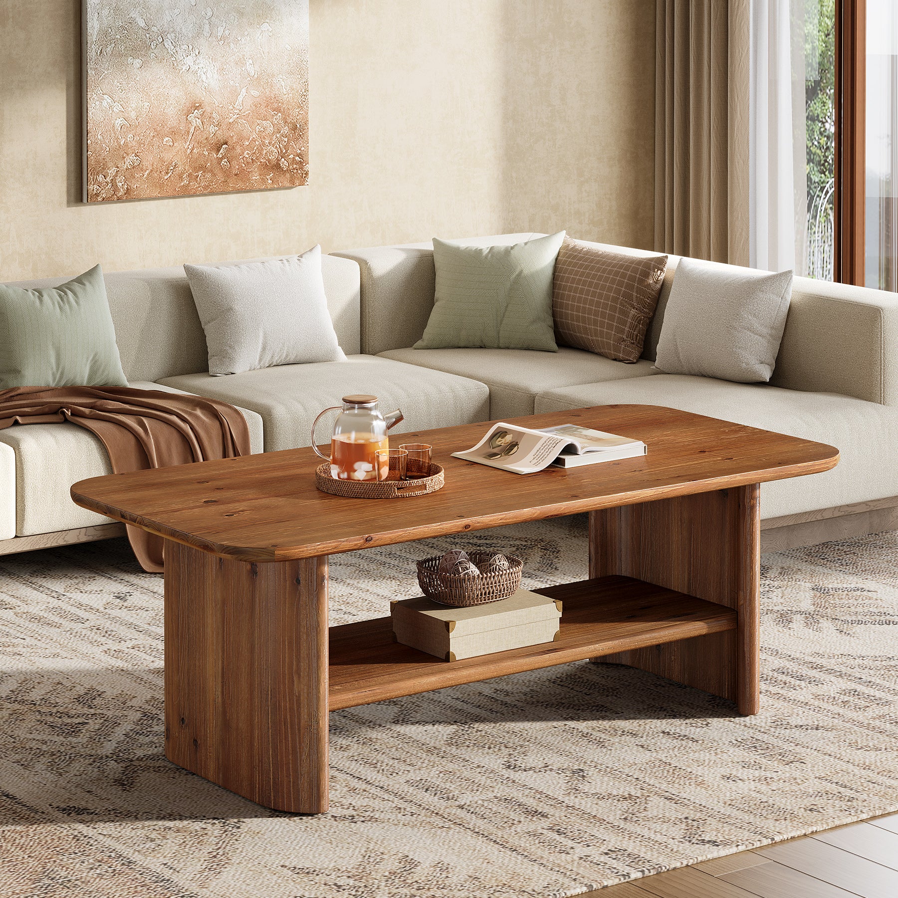 47" Solid Wood Coffee Table, Rectangle Center Table with 2-Tier Storage - Image 5