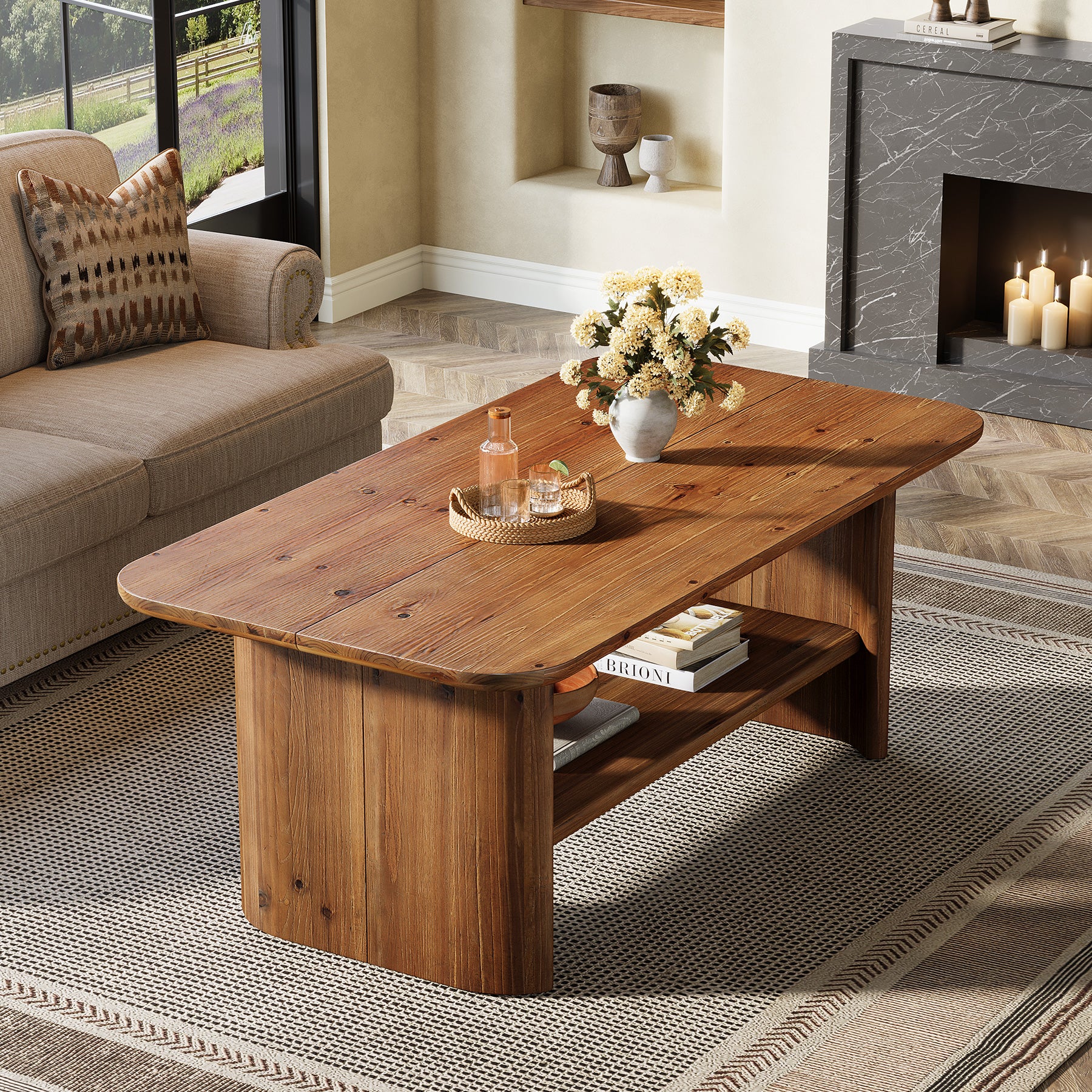 47" Solid Wood Coffee Table, Rectangle Center Table with 2-Tier Storage - Image 6