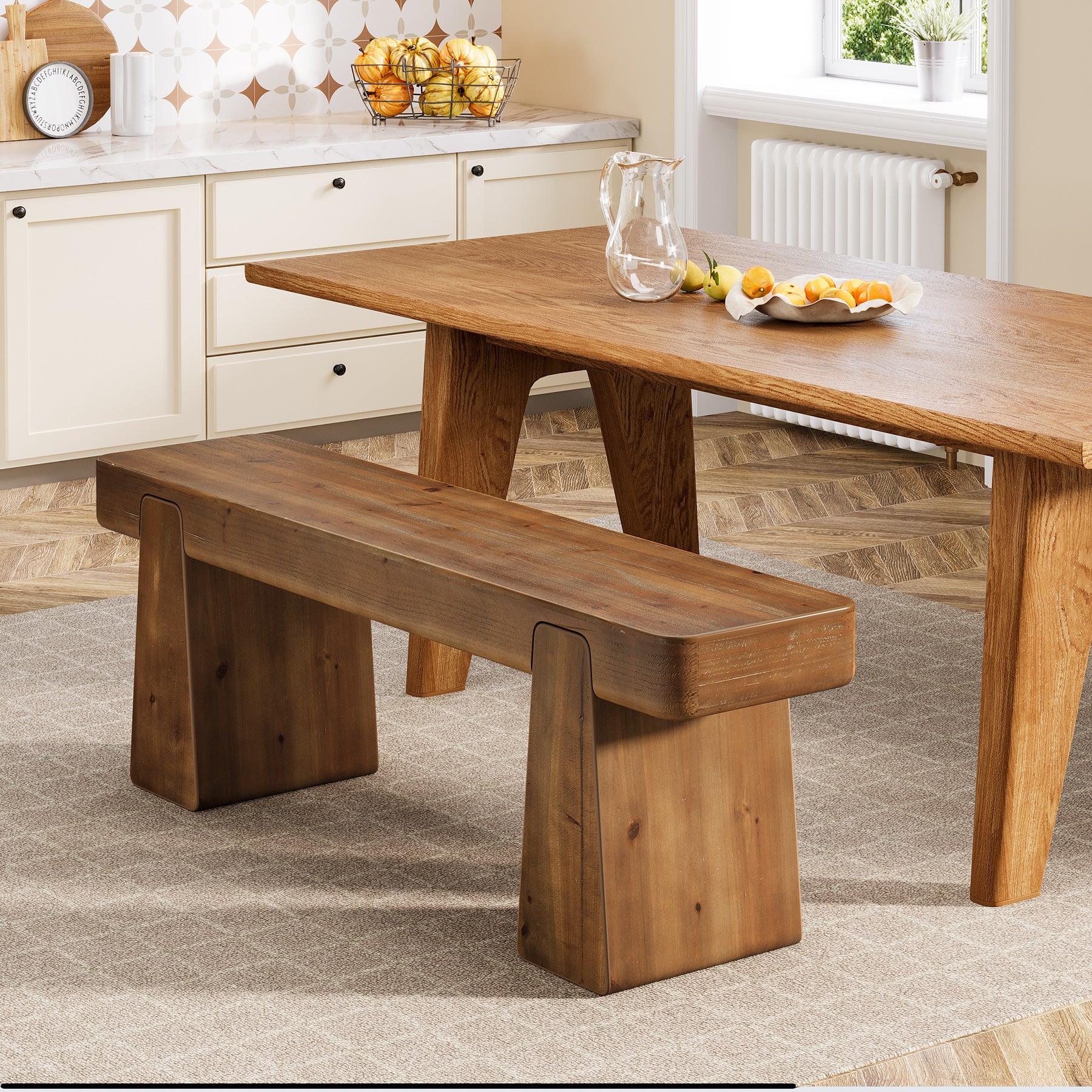 47" Solid Wood Dining Bench, Farmhouse Dining Table Bench for 2-3