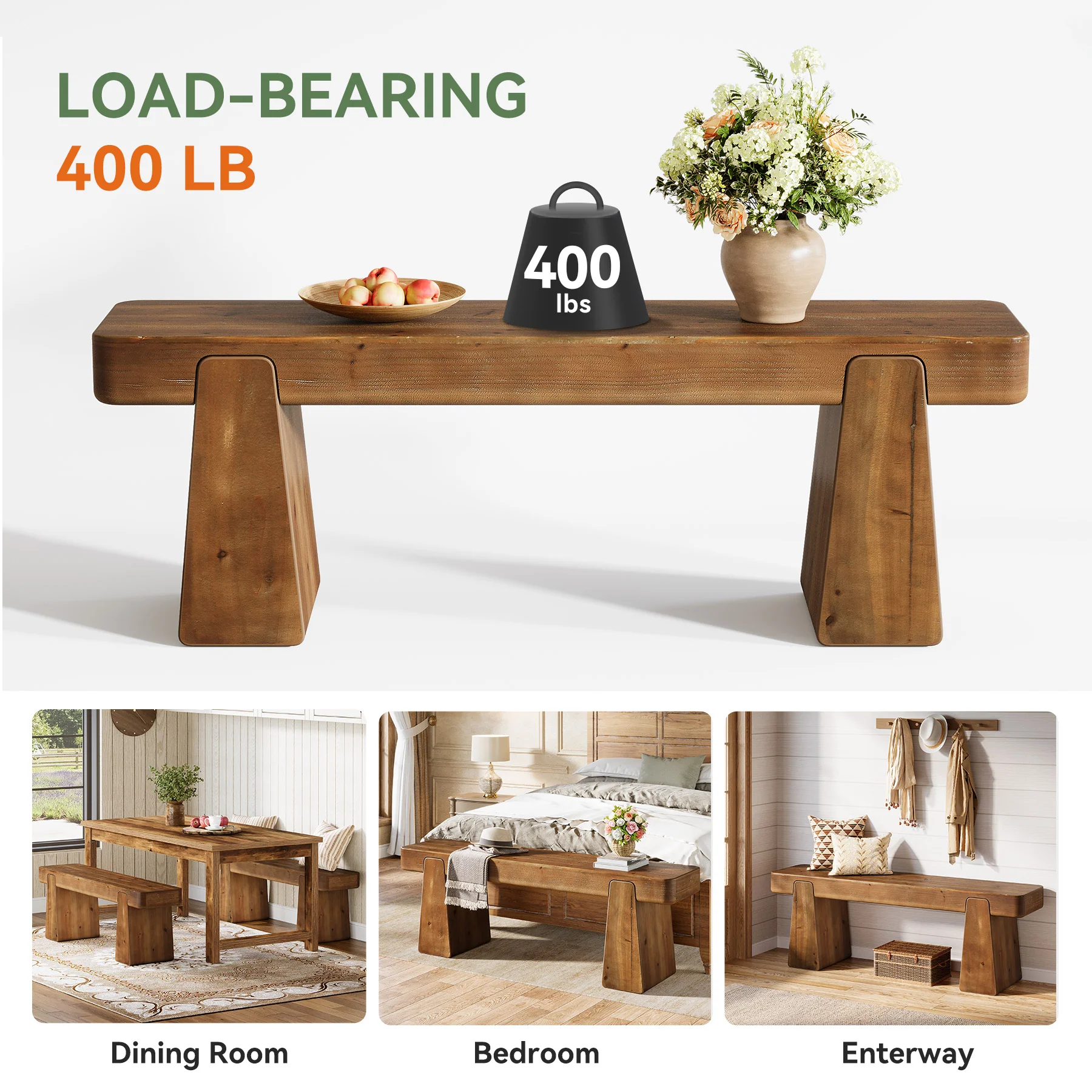 47" Solid Wood Dining Bench, Farmhouse Dining Table Bench for 2-3 - Image 8