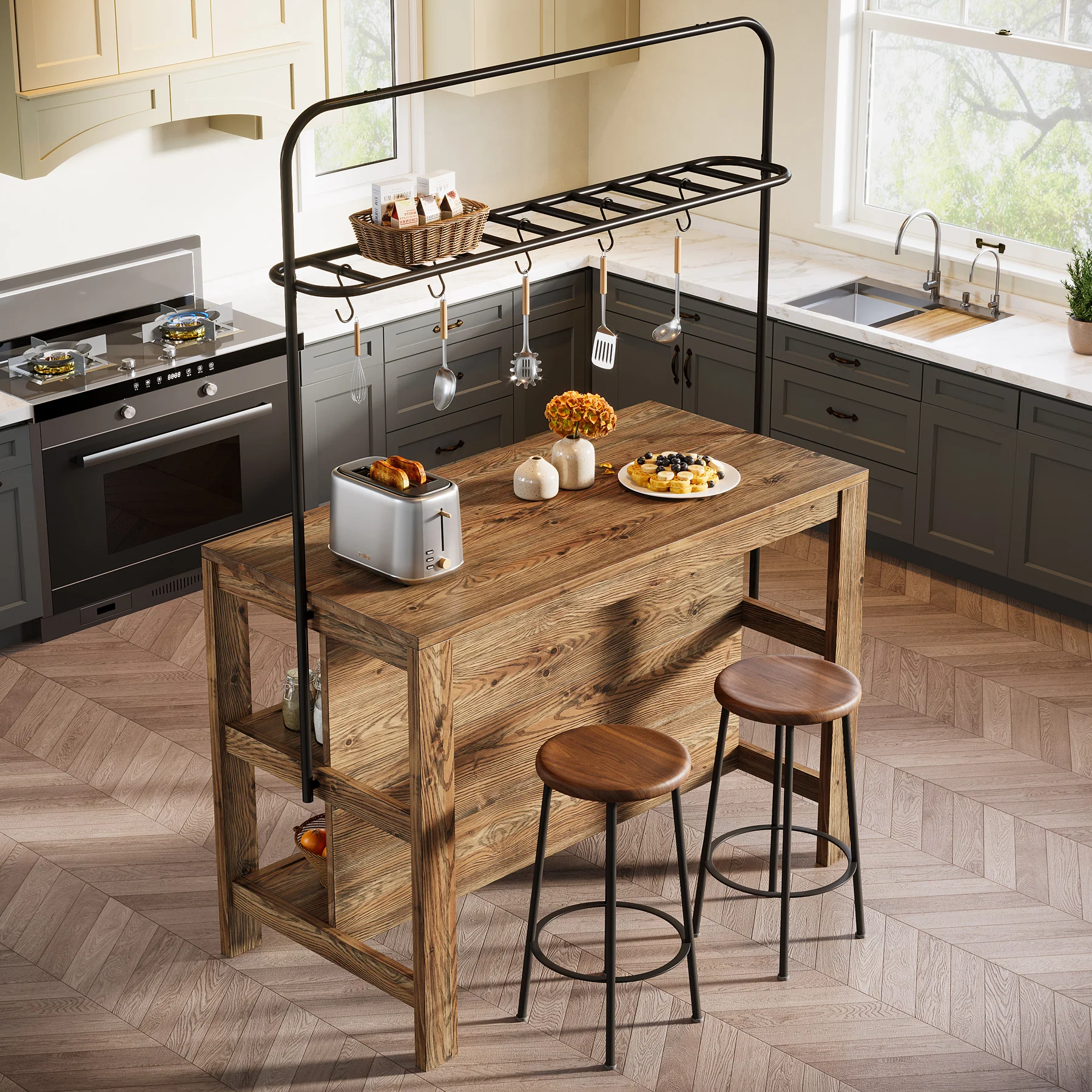 47" Solid Wood Kitchen Island Table with Storage and 5 Hooks - Image 5