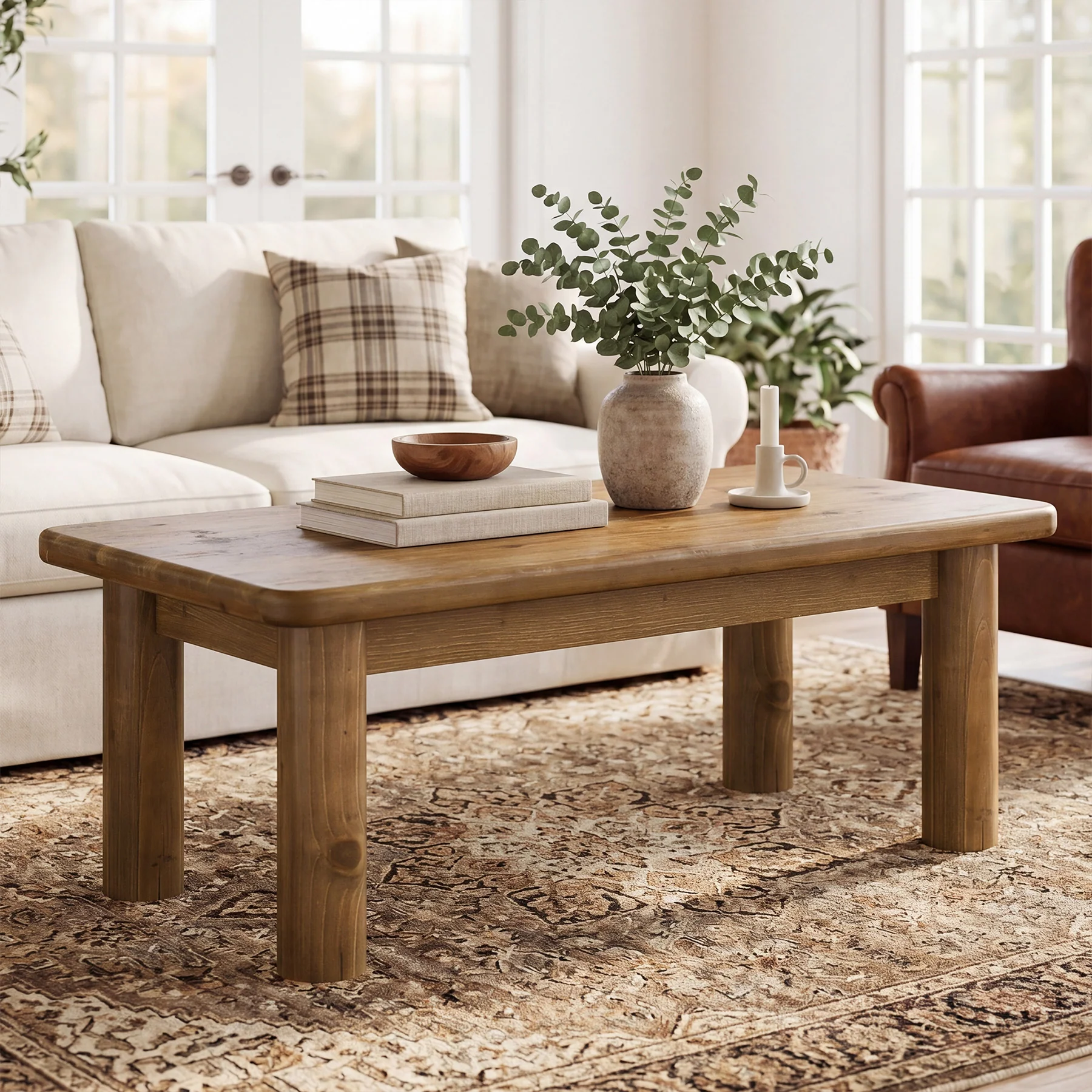 47" Wood Coffee Table, Solid Rectangular Center Table for Living Room