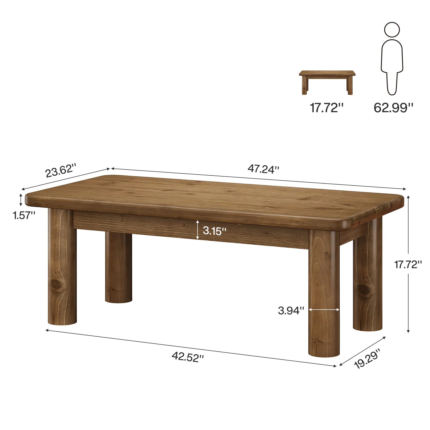47" Wood Coffee Table, Solid Rectangular Center Table for Living Room - Image 2