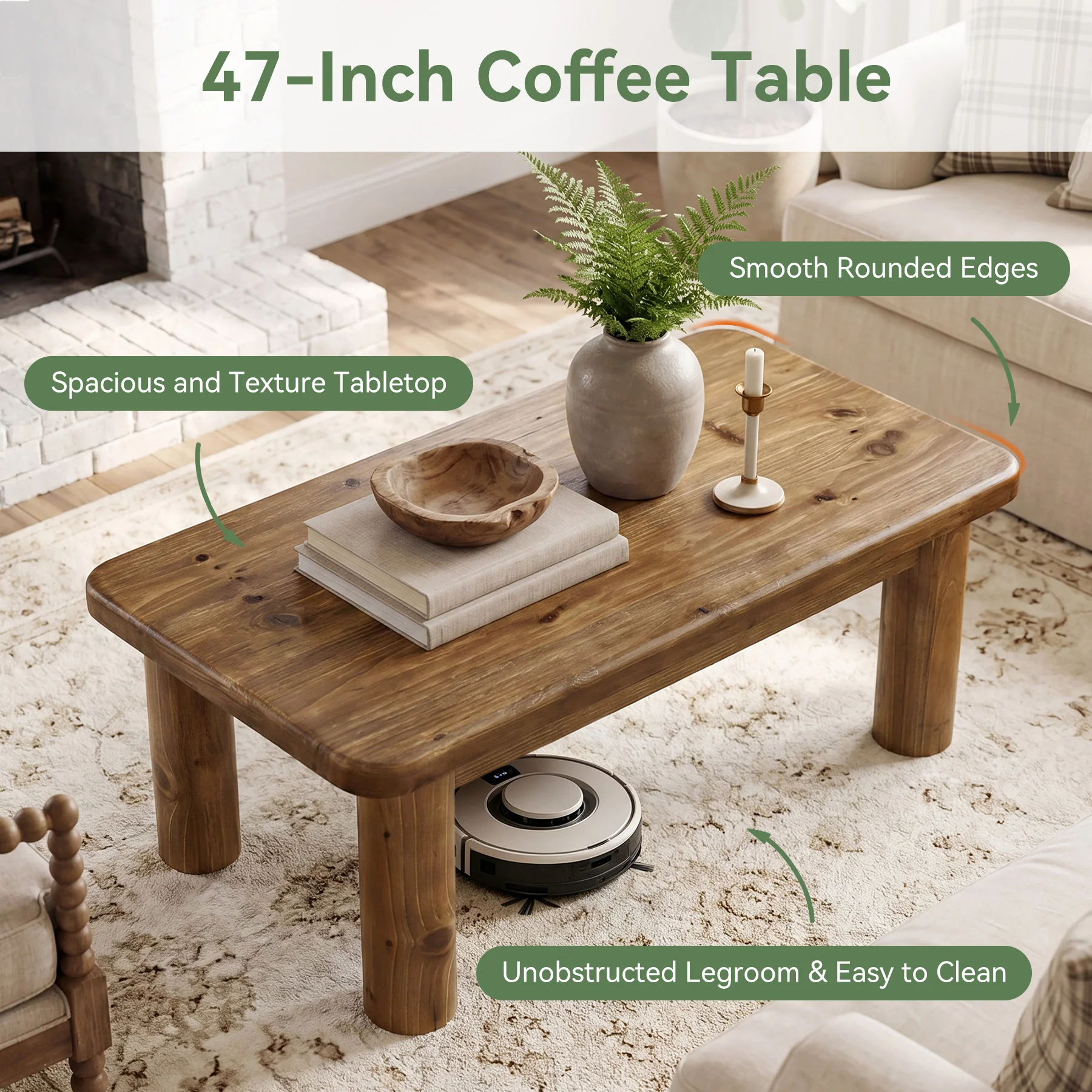 47" Wood Coffee Table, Solid Rectangular Center Table for Living Room - Image 8