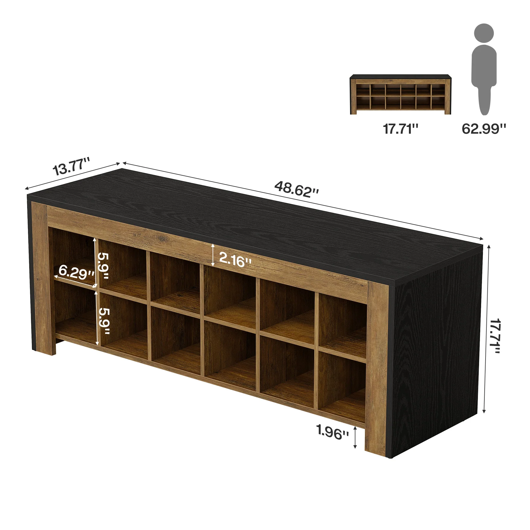 48" Farmhouse Entryway Bench, Shoe Storage Bench with 12 Cubbies for Hallway - Image 2