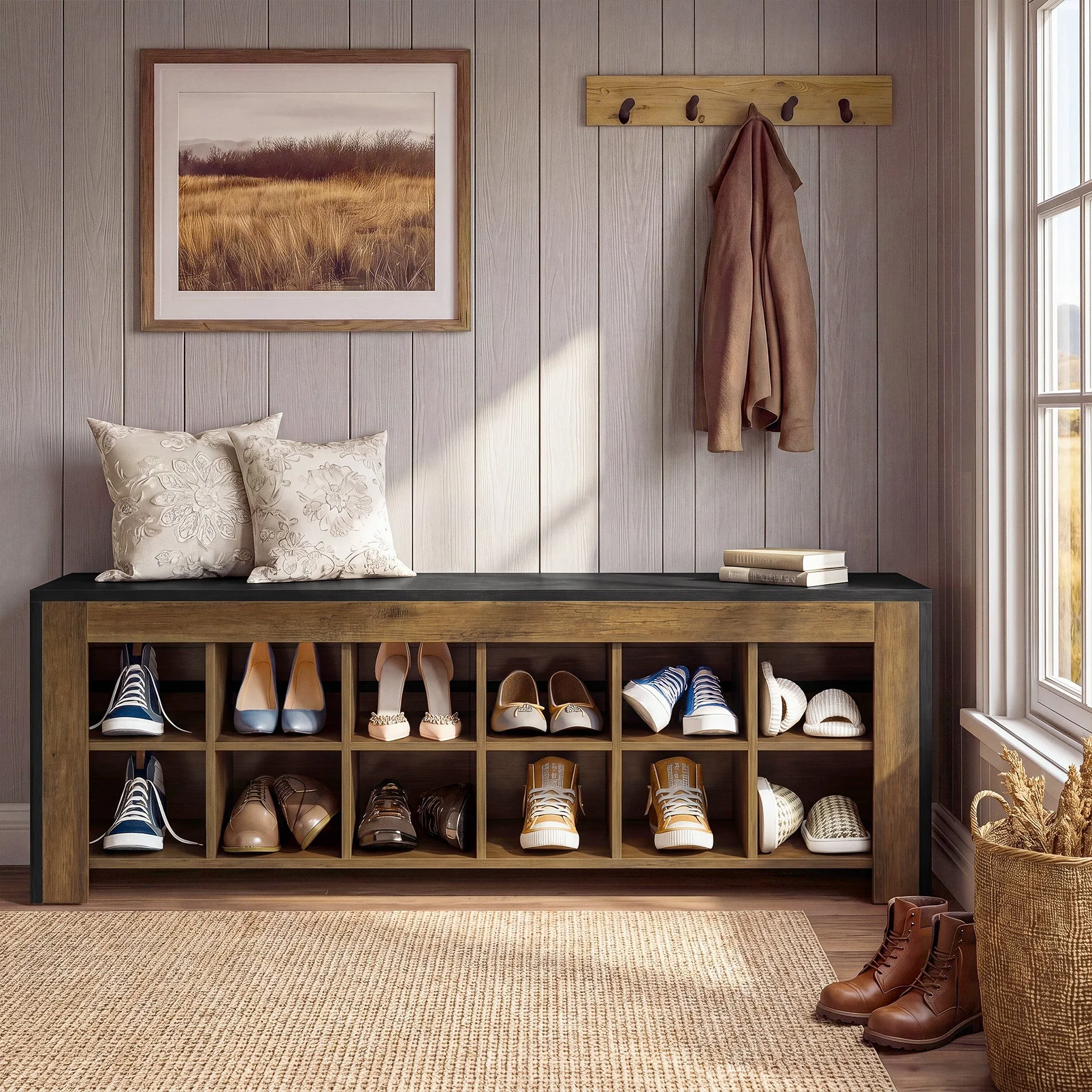48" Farmhouse Entryway Bench, Shoe Storage Bench with 12 Cubbies for Hallway - Image 3