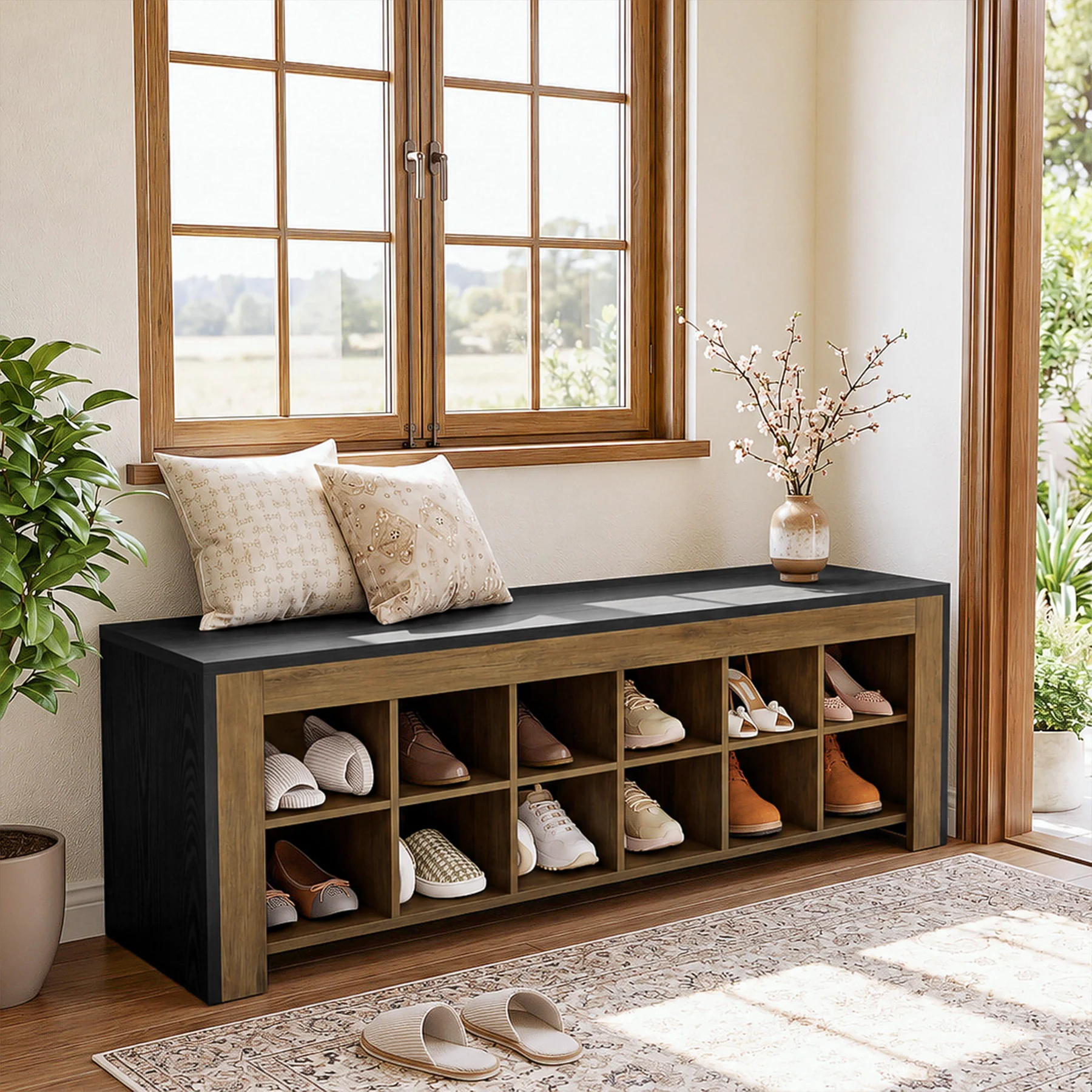 48" Farmhouse Entryway Bench, Shoe Storage Bench with 12 Cubbies for Hallway - Image 4