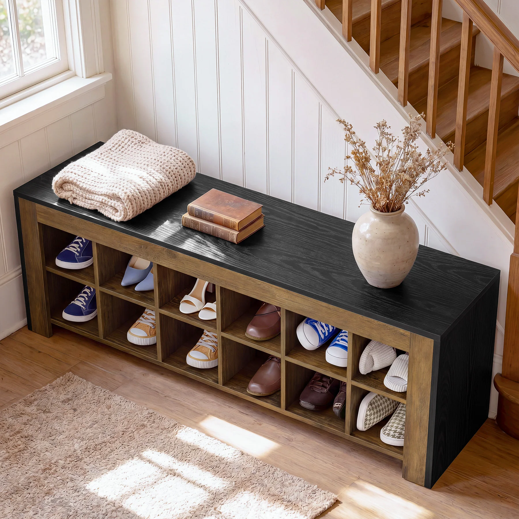 48" Farmhouse Entryway Bench, Shoe Storage Bench with 12 Cubbies for Hallway - Image 5