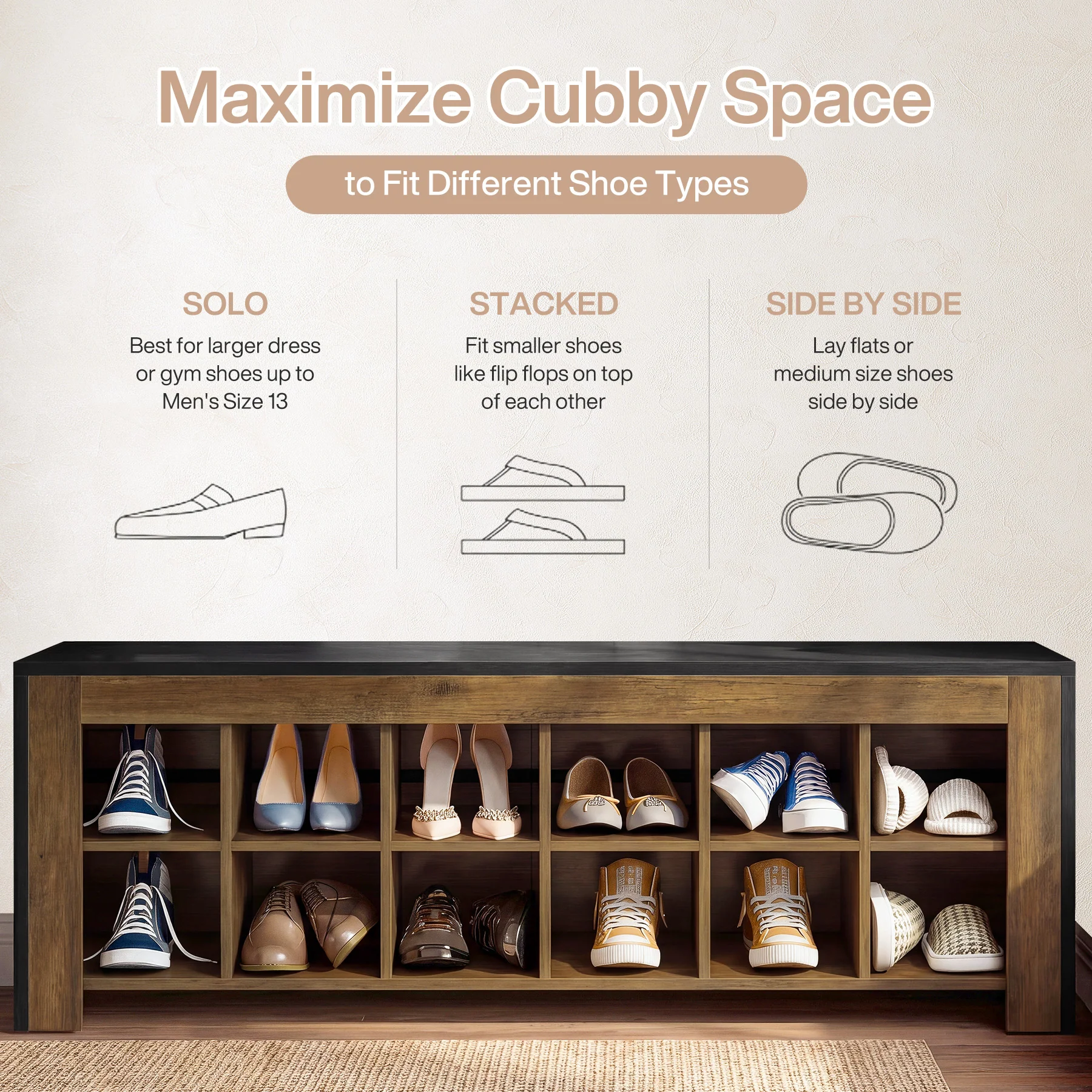 48" Farmhouse Entryway Bench, Shoe Storage Bench with 12 Cubbies for Hallway - Image 6