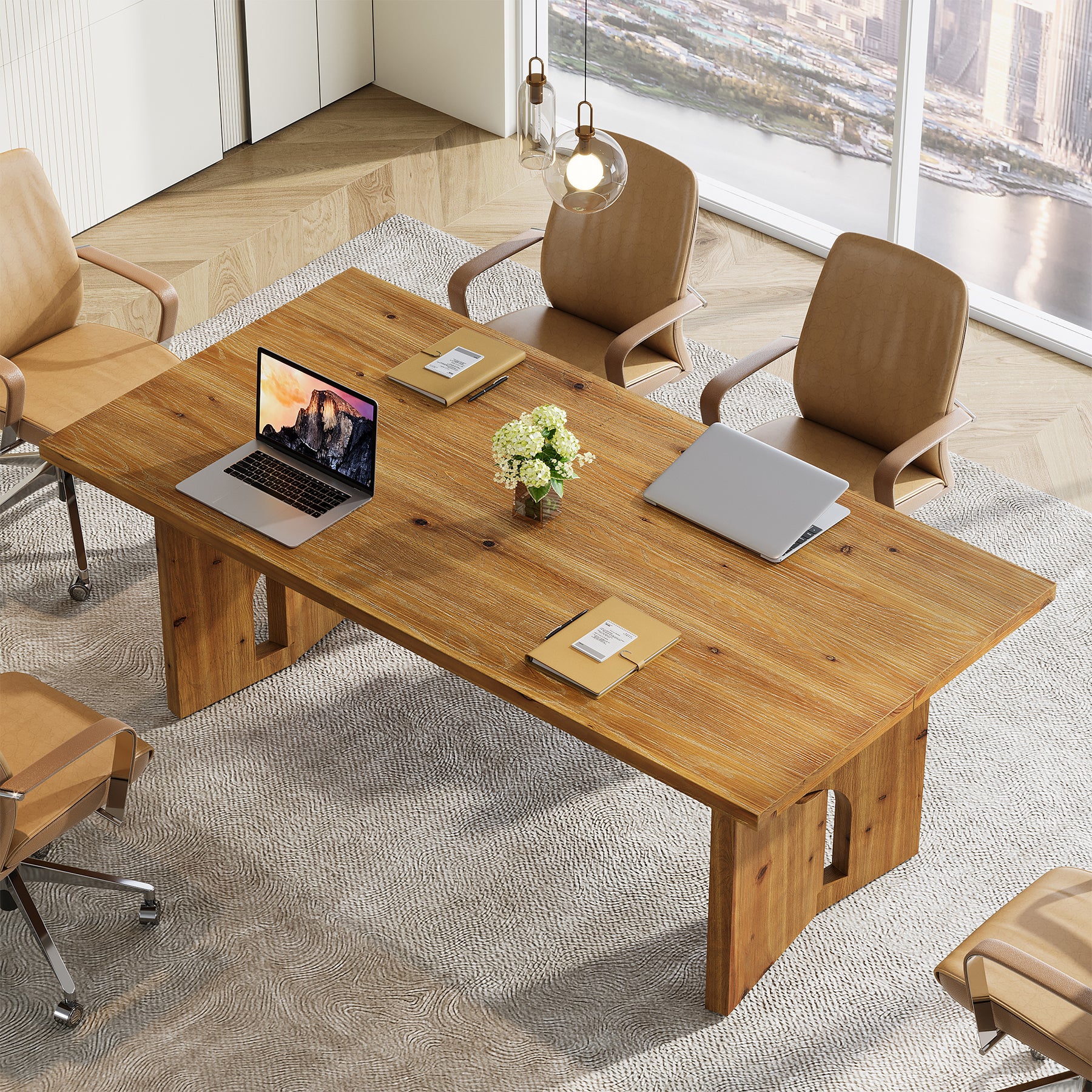 5.25FT Solid Wood Conference Table for 4-6 Users, 63" Executive Desk with Cutout Bases - Image 3
