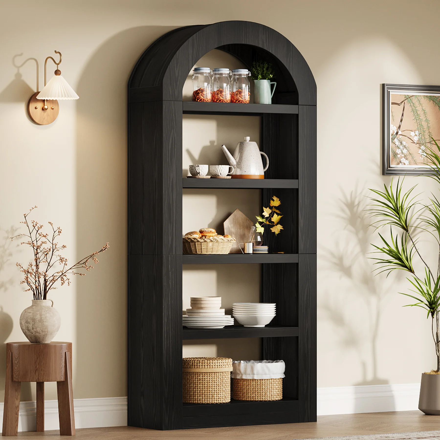 70.9" Bookshelf, 5-Tier Arched Bookcase Display Shelves Organizer - Image 11
