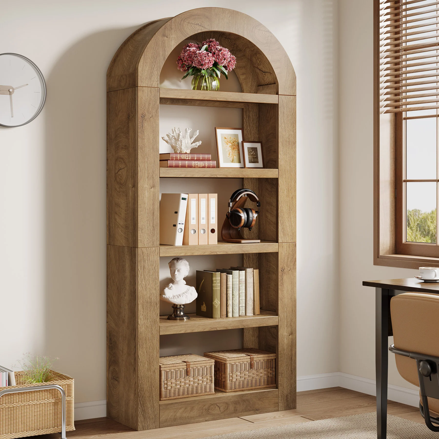 70.9" Bookshelf, 5-Tier Arched Bookcase Display Shelves Organizer - Image 5