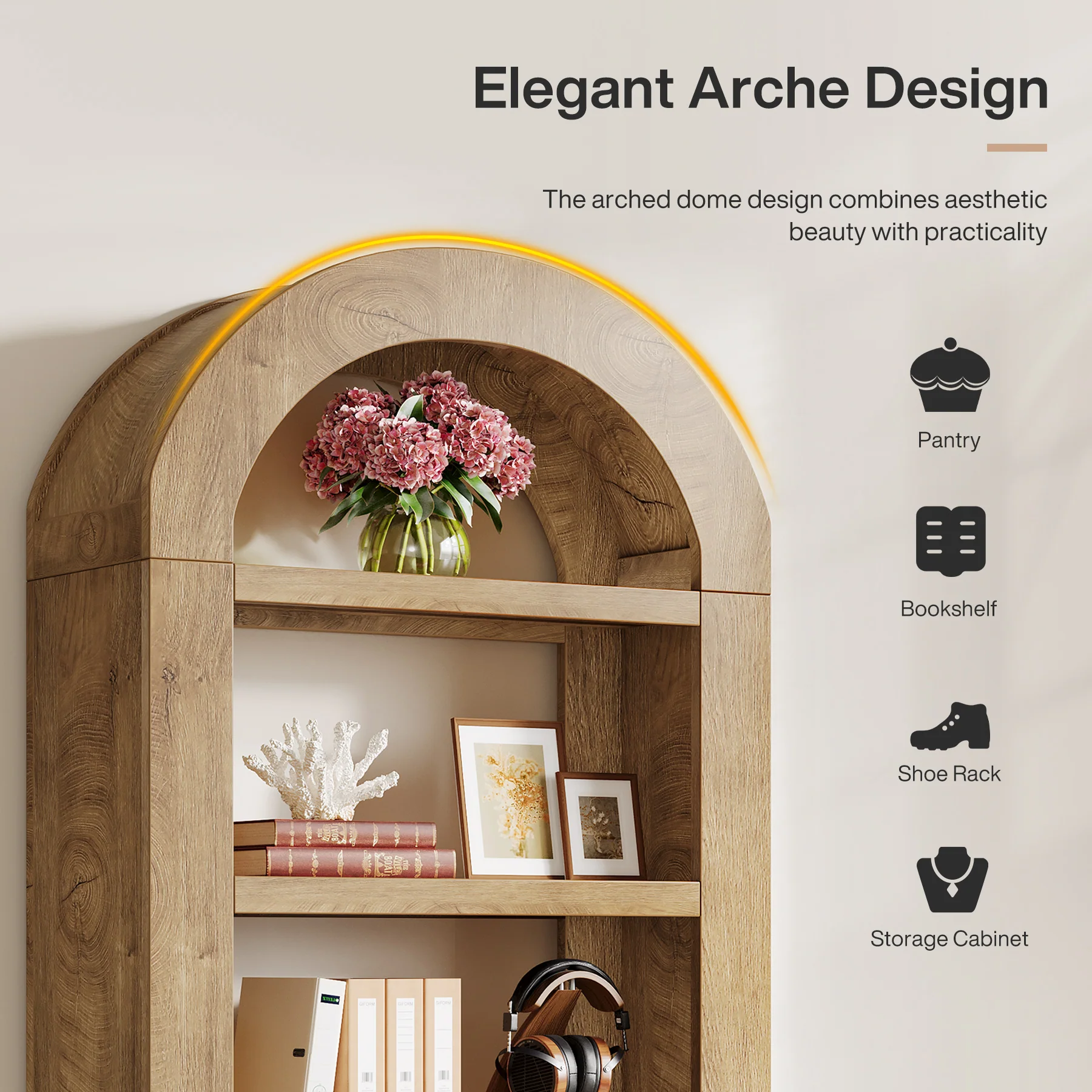 70.9" Bookshelf, 5-Tier Arched Bookcase Display Shelves Organizer - Image 7