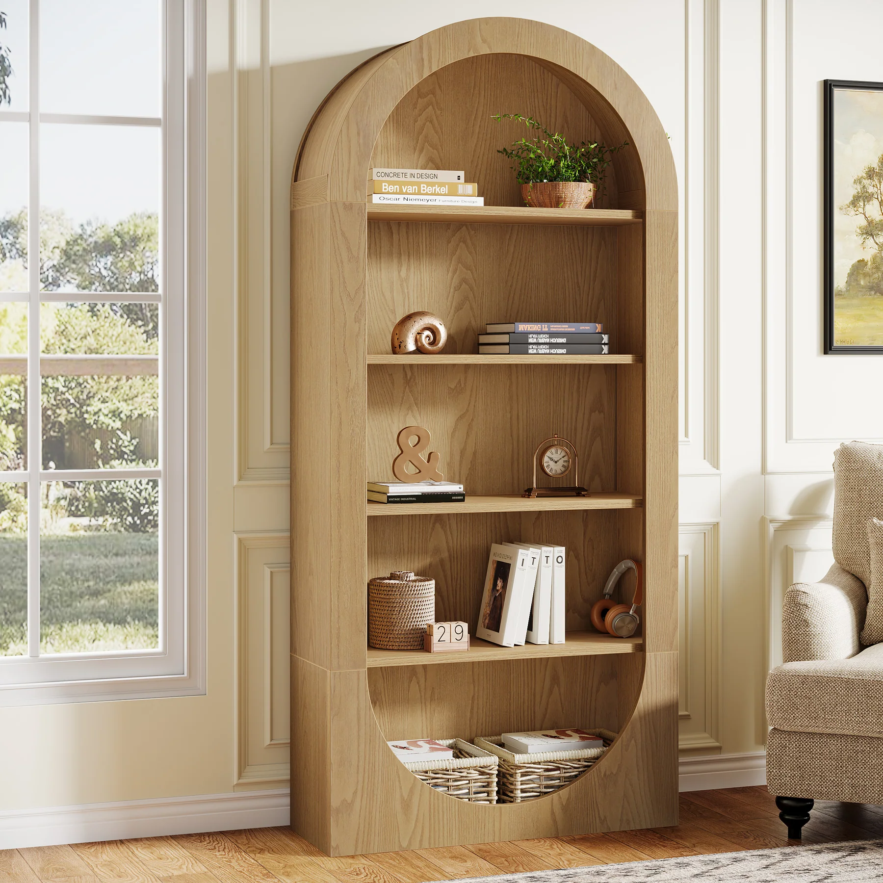 70.9" Bookshelf, 5-Tier Arched Bookcase with Open Display Shelves - Image 3