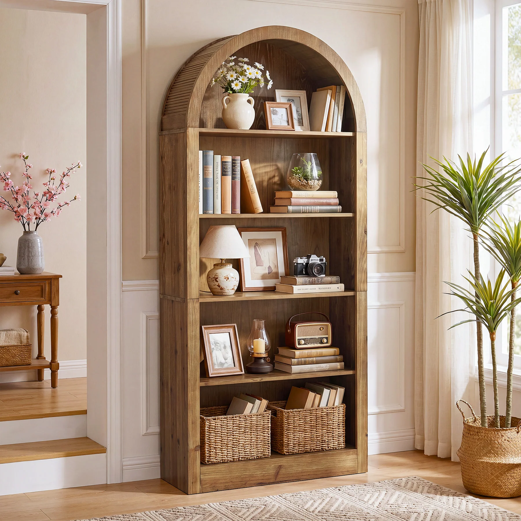 70.8" Solid Wood Tall Bookcase , 5-Tier Arched Bookshelf Open Display Etagere - Image 3