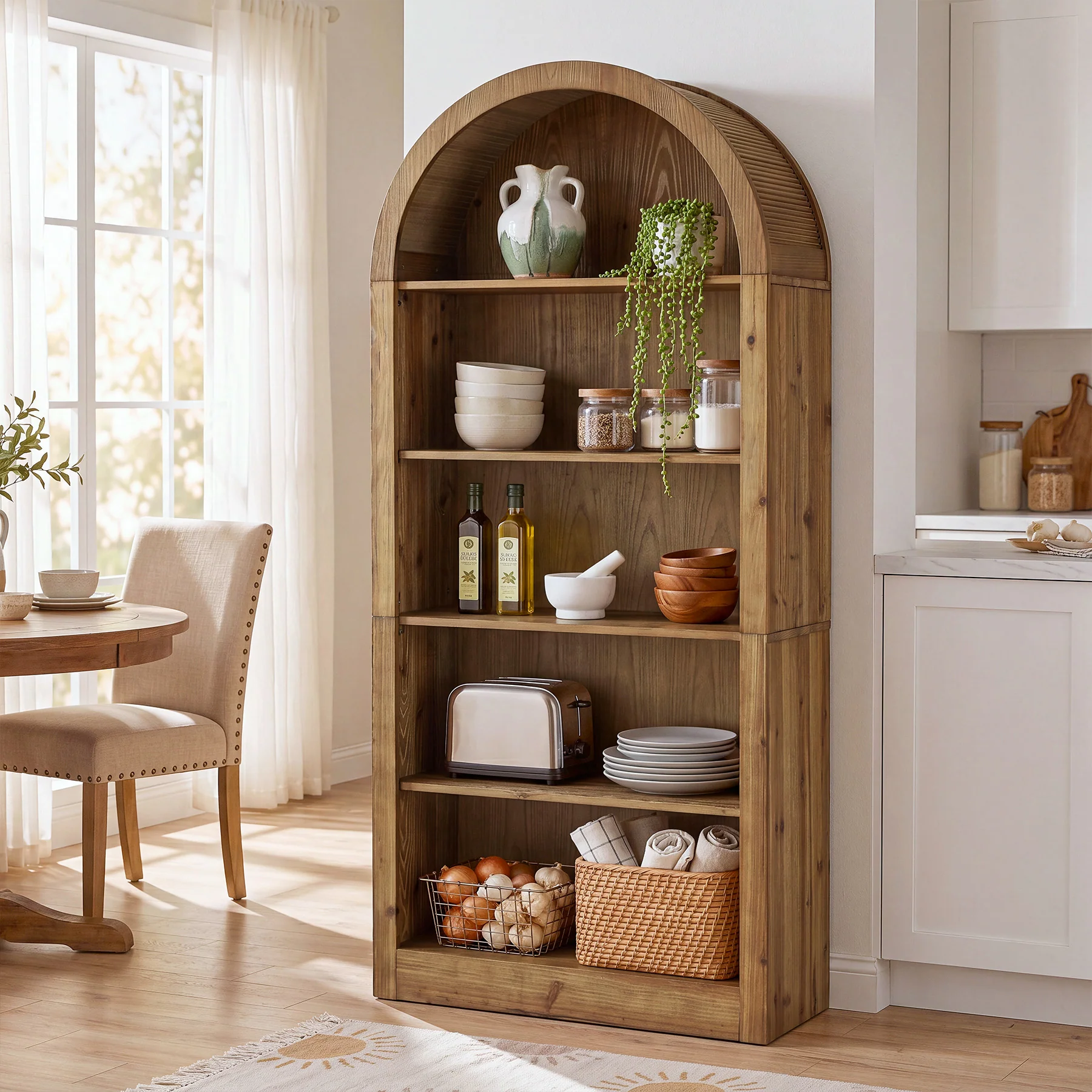70.8" Solid Wood Tall Bookcase , 5-Tier Arched Bookshelf Open Display Etagere - Image 4
