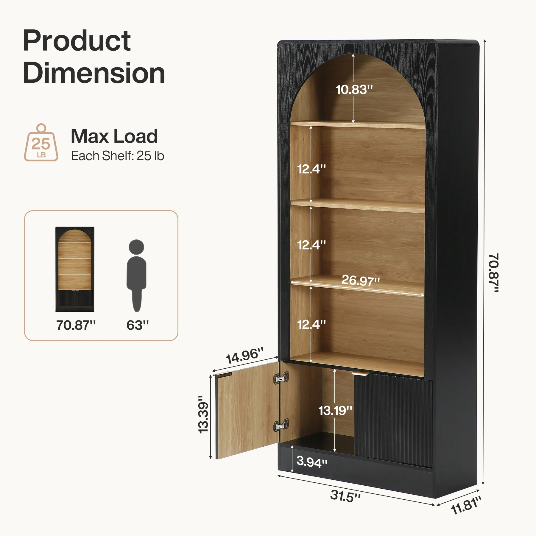 71" Tall Bookcase, 5-Tier Arched Bookshelf with Storage Cabinet and Fluted Doors - Image 2