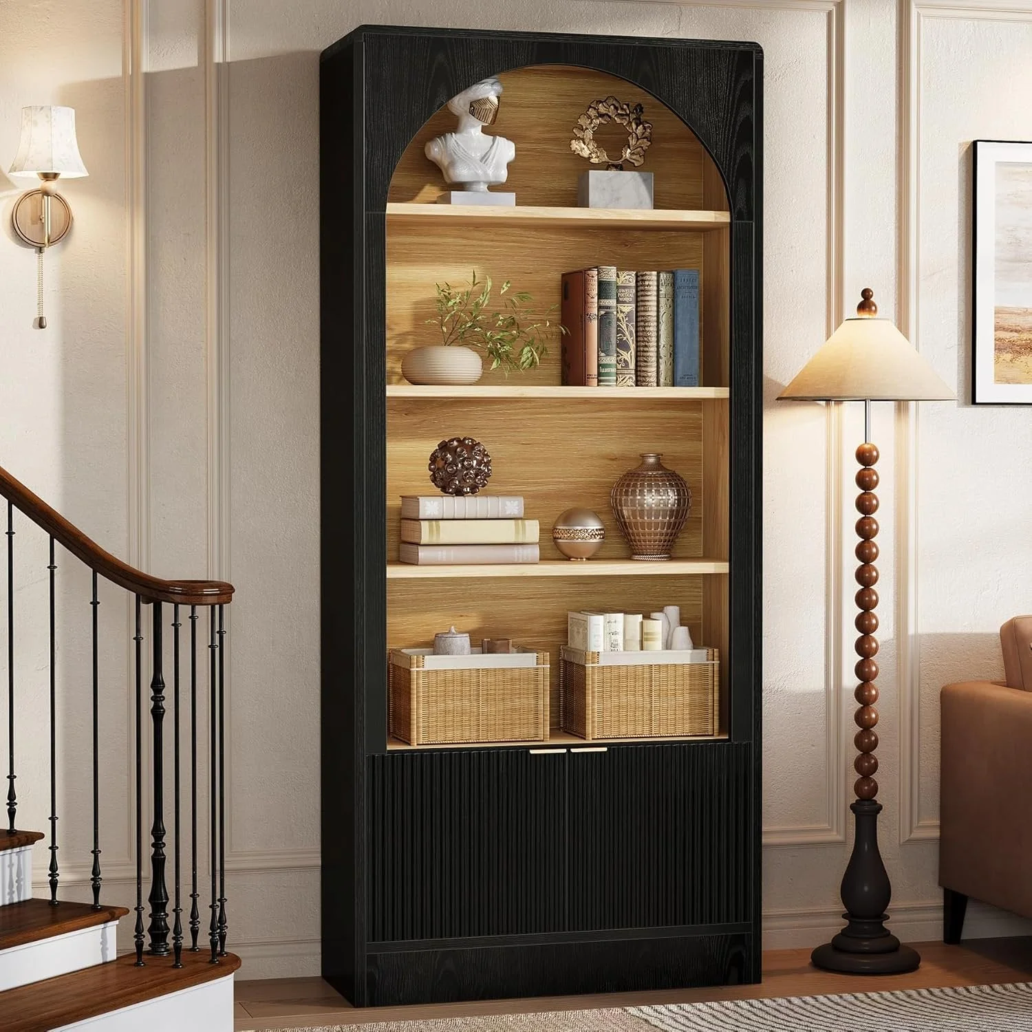 71" Tall Bookcase, 5-Tier Arched Bookshelf with Storage Cabinet and Fluted Doors - Image 4