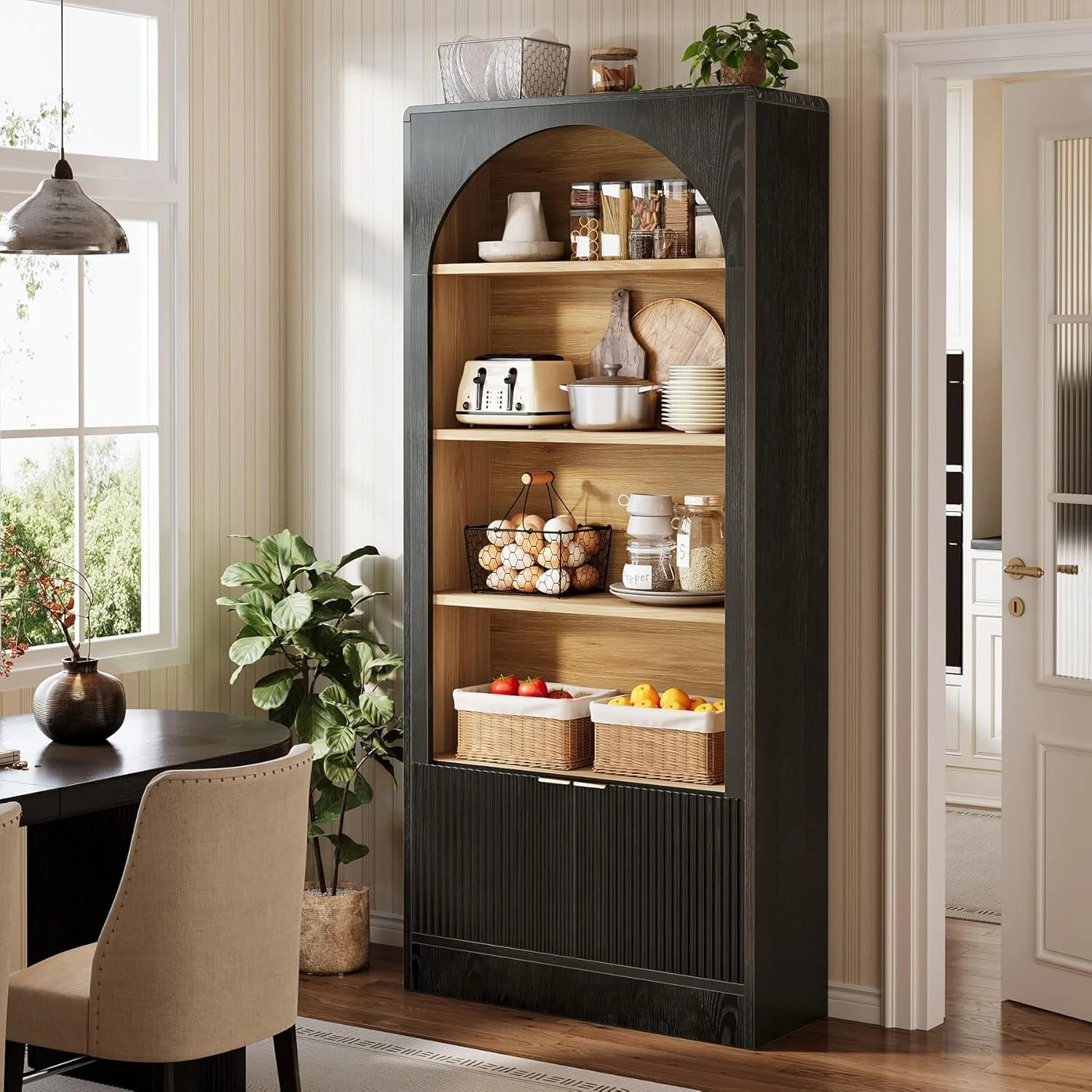 71" Tall Bookcase, 5-Tier Arched Bookshelf with Storage Cabinet and Fluted Doors - Image 5