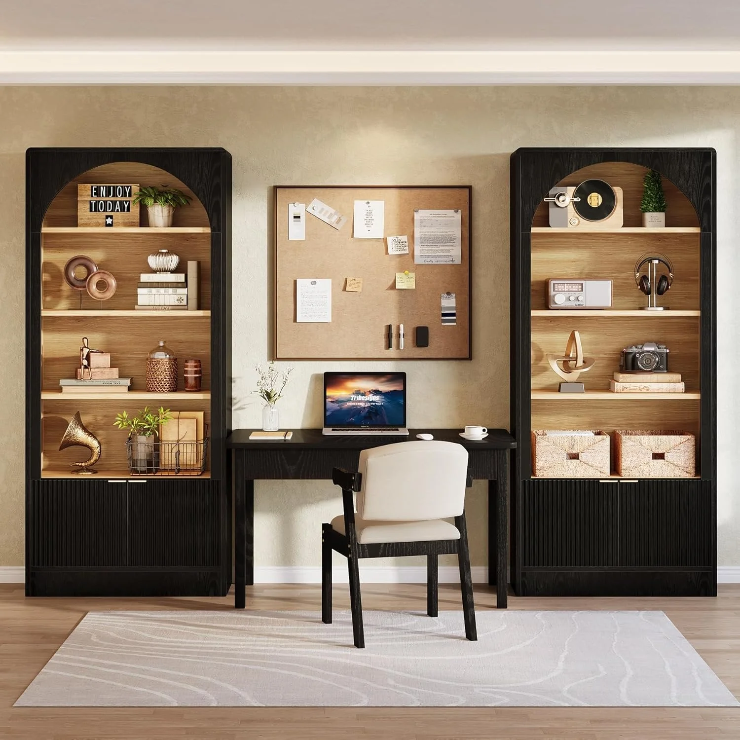 71" Tall Bookcase, 5-Tier Arched Bookshelf with Storage Cabinet and Fluted Doors - Image 8
