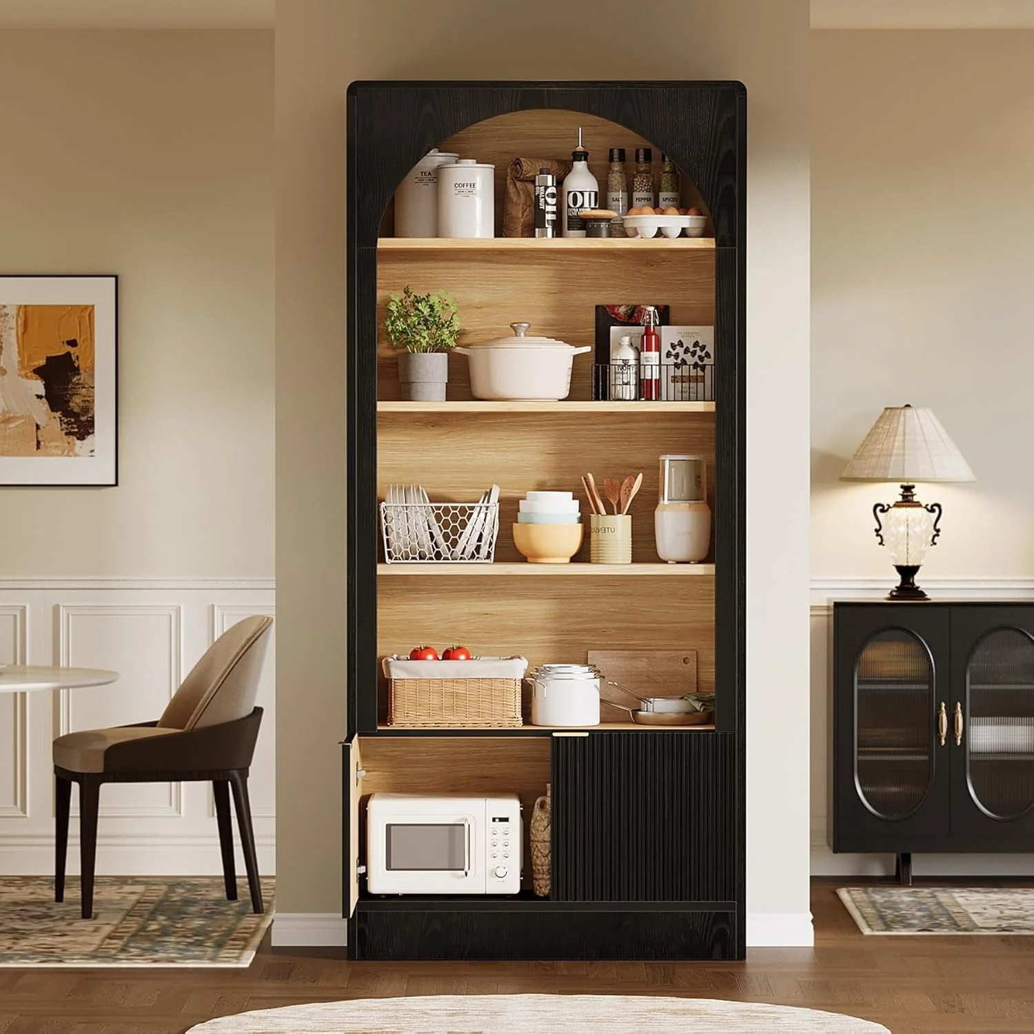 71" Tall Bookcase, 5-Tier Arched Bookshelf with Storage Cabinet and Fluted Doors - Image 9