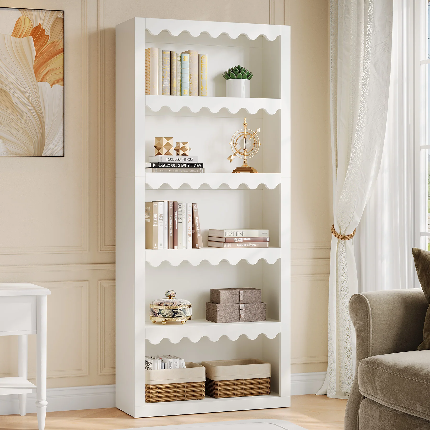 70" Bookcase, Modern 5-Tier Bookshelf Storage Organizer with Scalloped Edges
