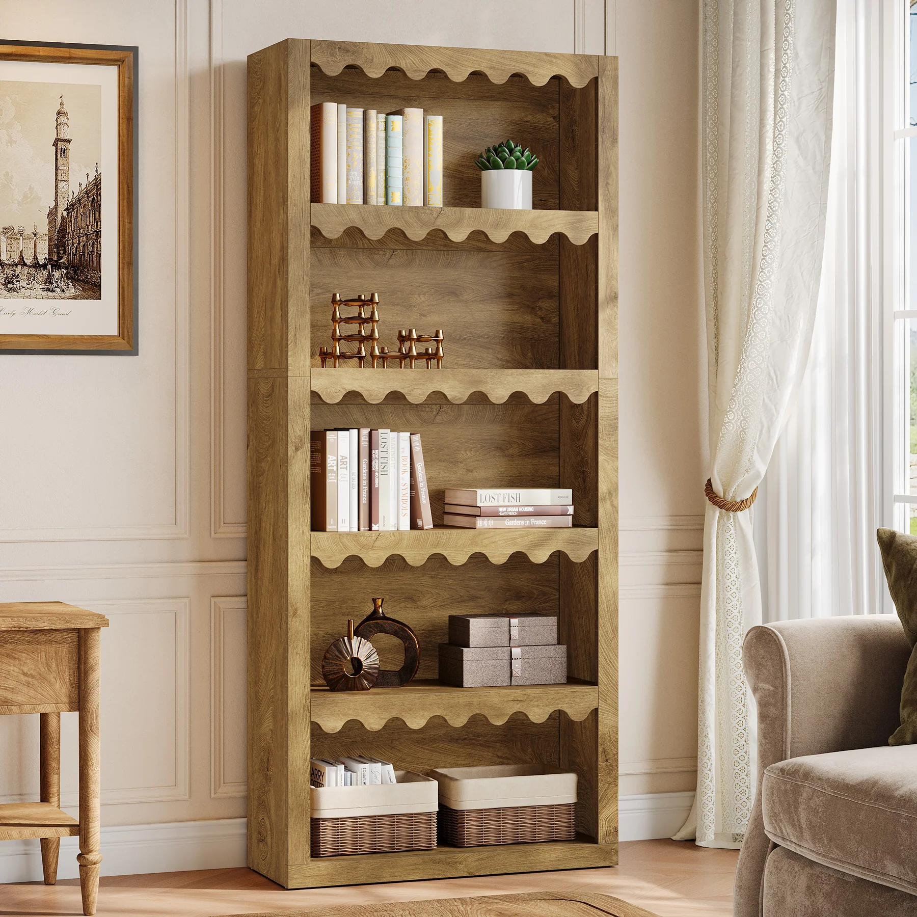 70" Bookcase, Modern 5-Tier Bookshelf Storage Organizer with Scalloped Edges - Image 10