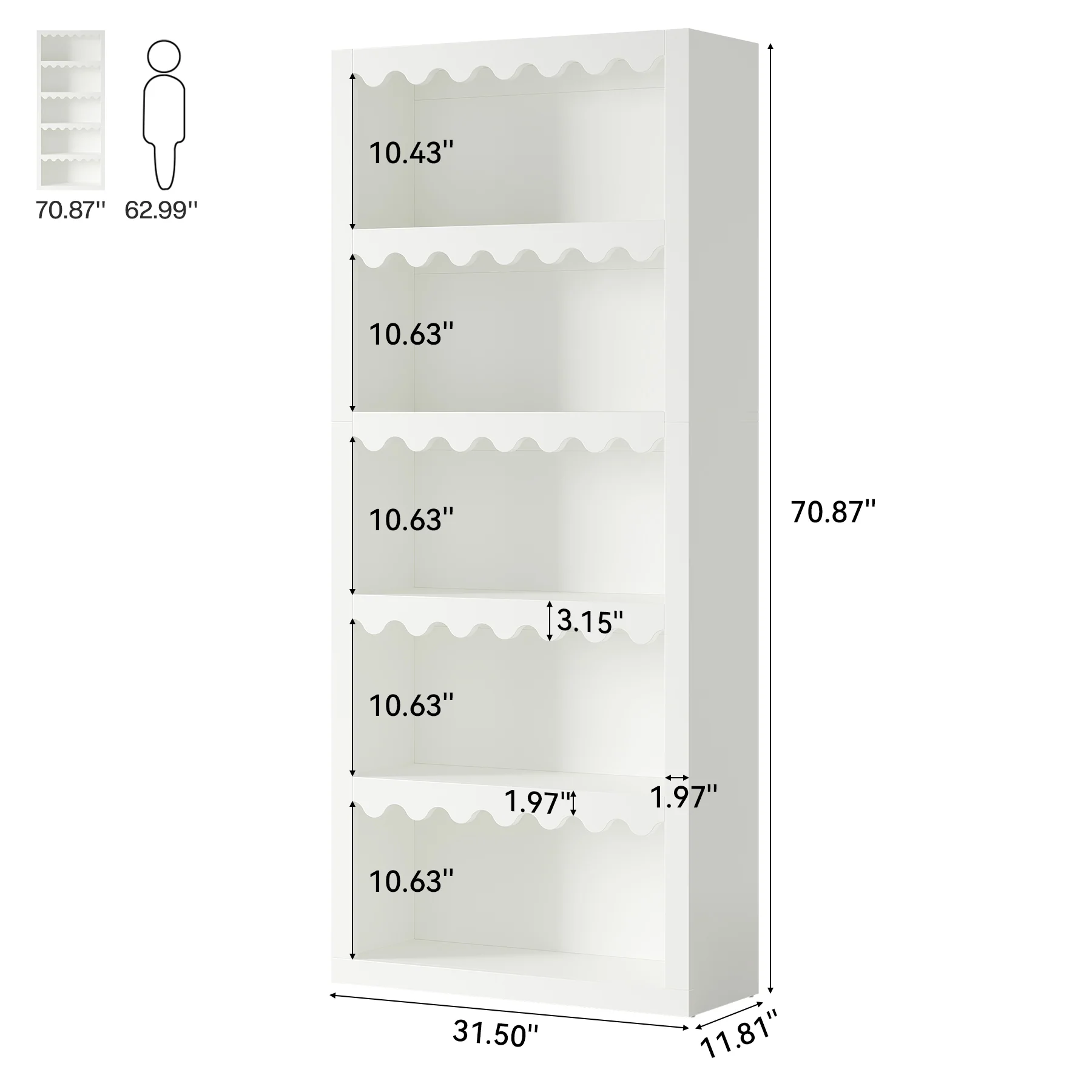 70" Bookcase, Modern 5-Tier Bookshelf Storage Organizer with Scalloped Edges - Image 2