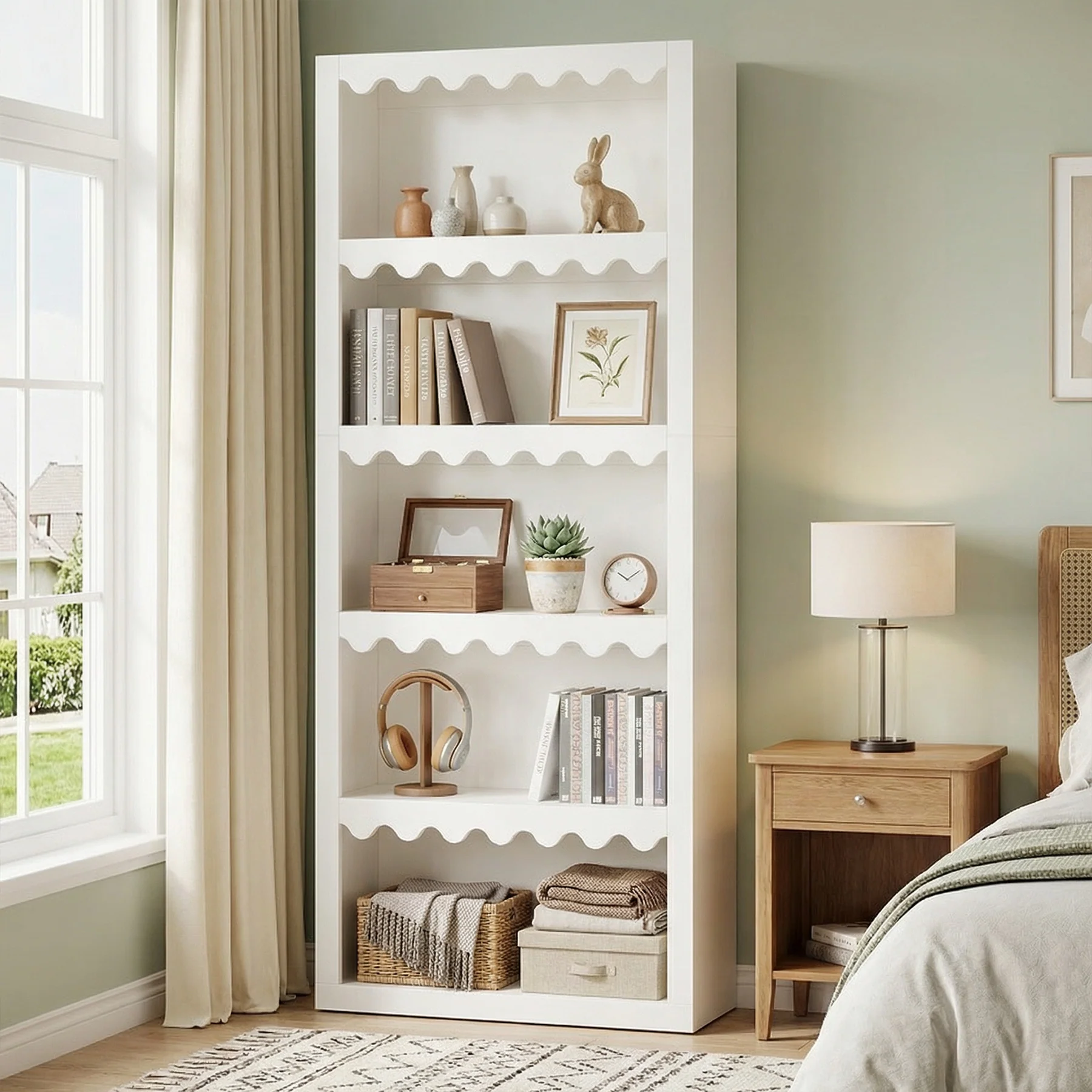70" Bookcase, Modern 5-Tier Bookshelf Storage Organizer with Scalloped Edges - Image 4