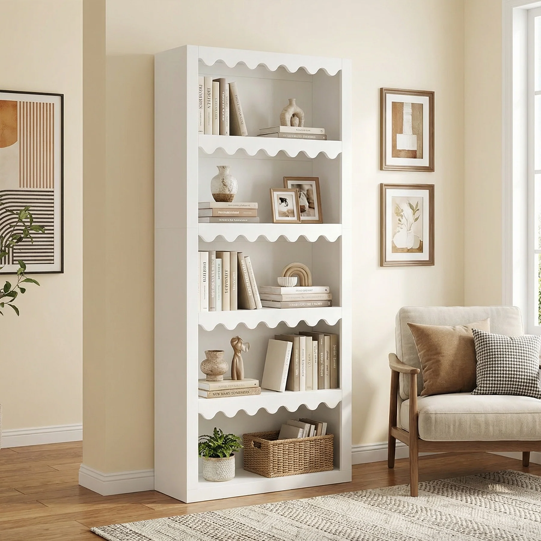 70" Bookcase, Modern 5-Tier Bookshelf Storage Organizer with Scalloped Edges - Image 5