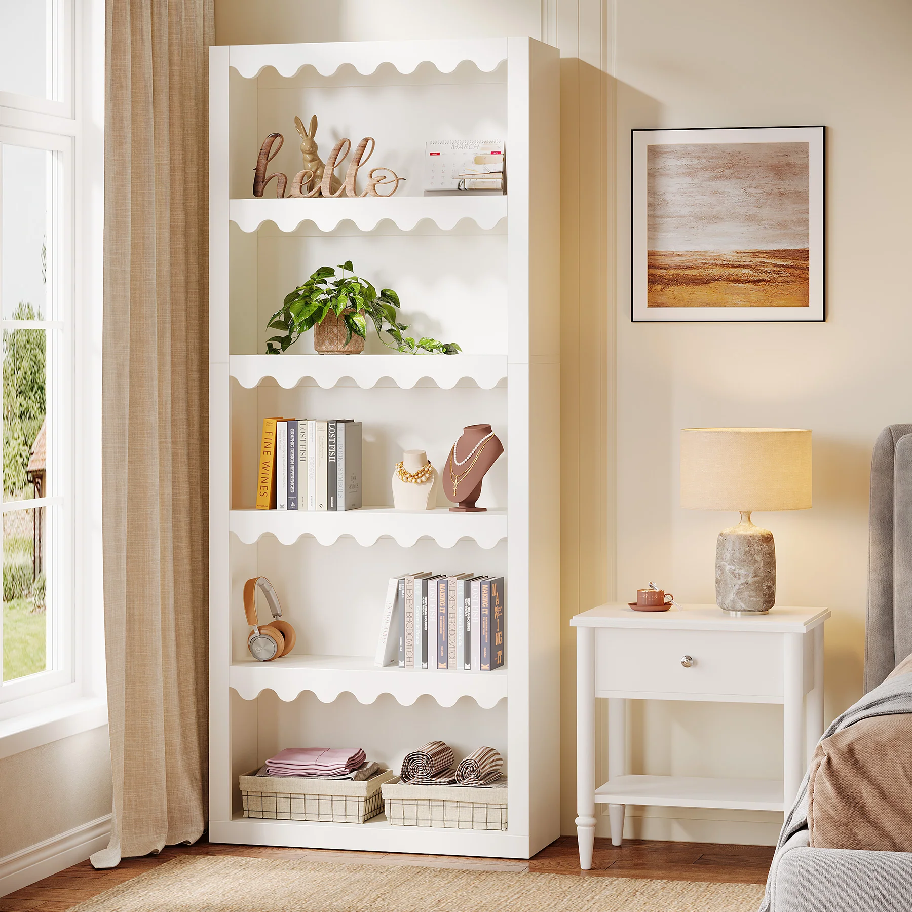 70" Bookcase, Modern 5-Tier Bookshelf Storage Organizer with Scalloped Edges - Image 6