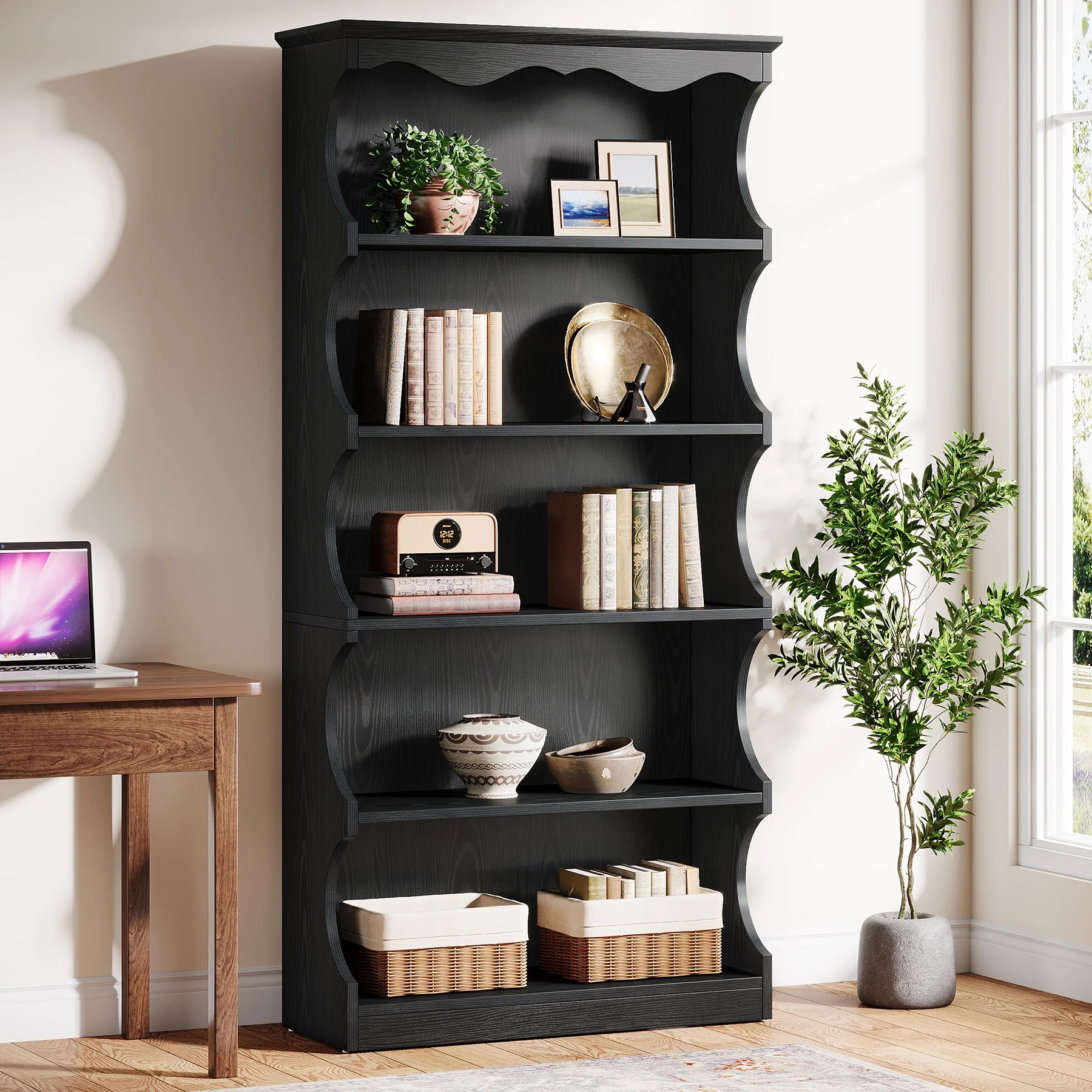 70" Vintage Bookcase, 5-Tier Bookshelf Display Shelves with Unique Curved-Edge Design - Image 11