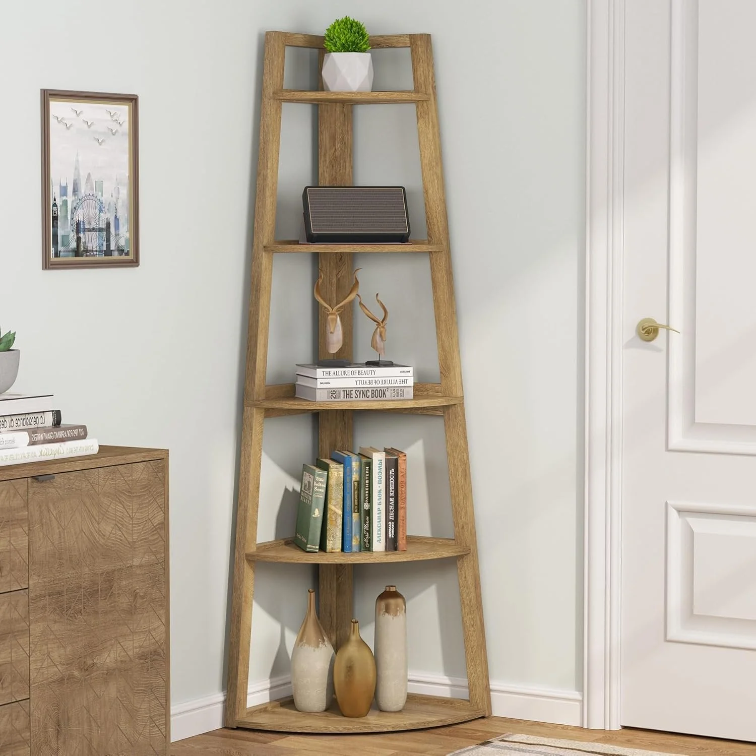 70" Tall Corner Bookshelf, 5 Tier Modern Corner Bookcase Ladder Shelf Plant Stand - Image 3