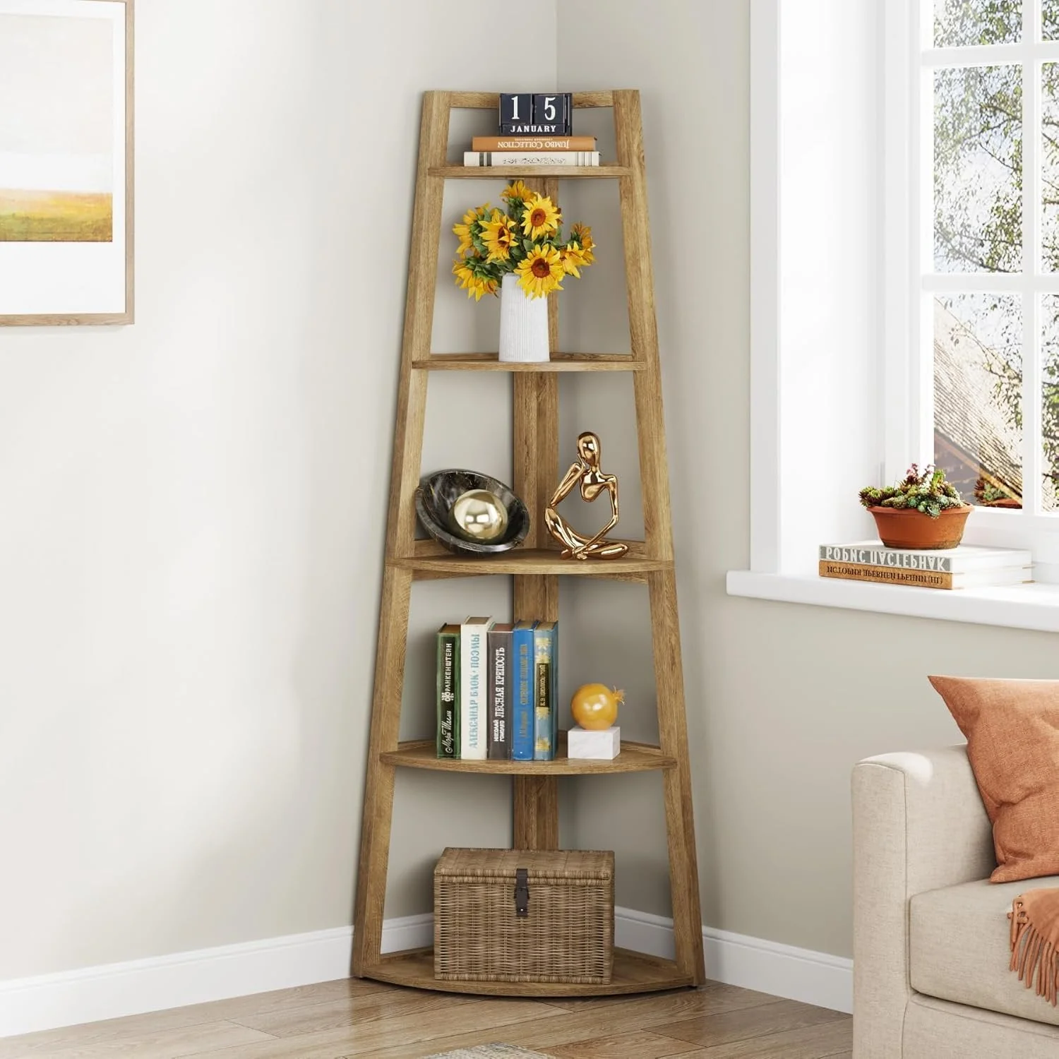 70" Tall Corner Bookshelf, 5 Tier Modern Corner Bookcase Ladder Shelf Plant Stand - Image 6