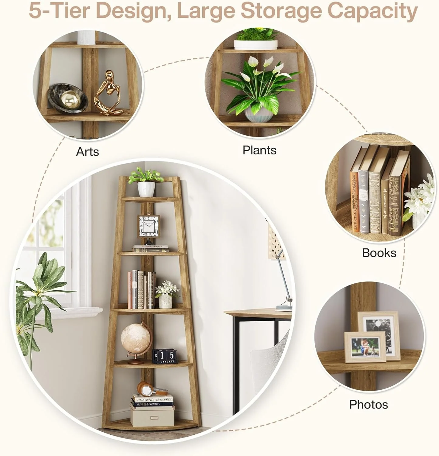 70" Tall Corner Bookshelf, 5 Tier Modern Corner Bookcase Ladder Shelf Plant Stand - Image 7