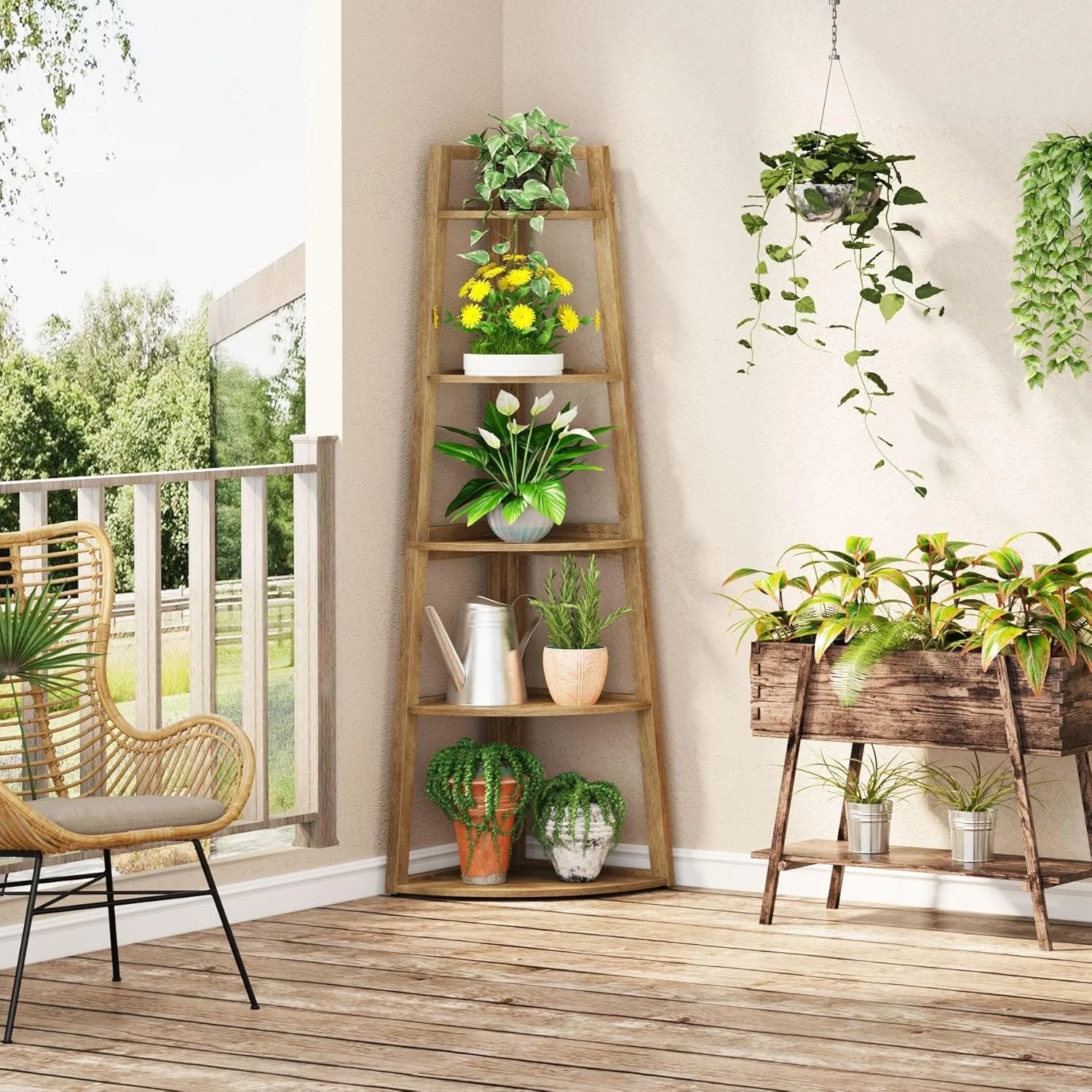 70" Tall Corner Bookshelf, 5 Tier Modern Corner Bookcase Ladder Shelf Plant Stand - Image 9