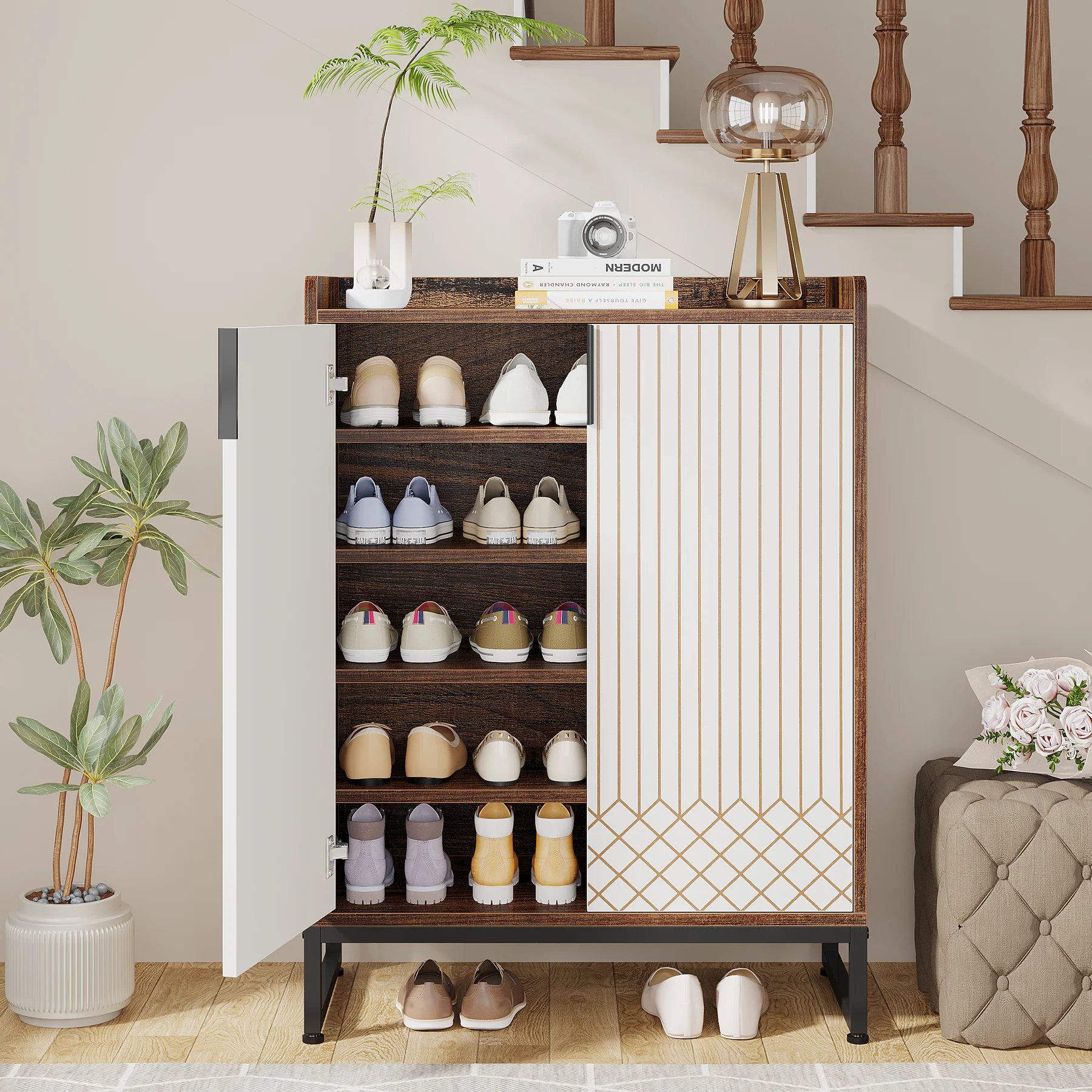 5-Tier Shoe Cabinet with Doors, Freestanding Wood Shoe Organizer for Entryway - Image 12