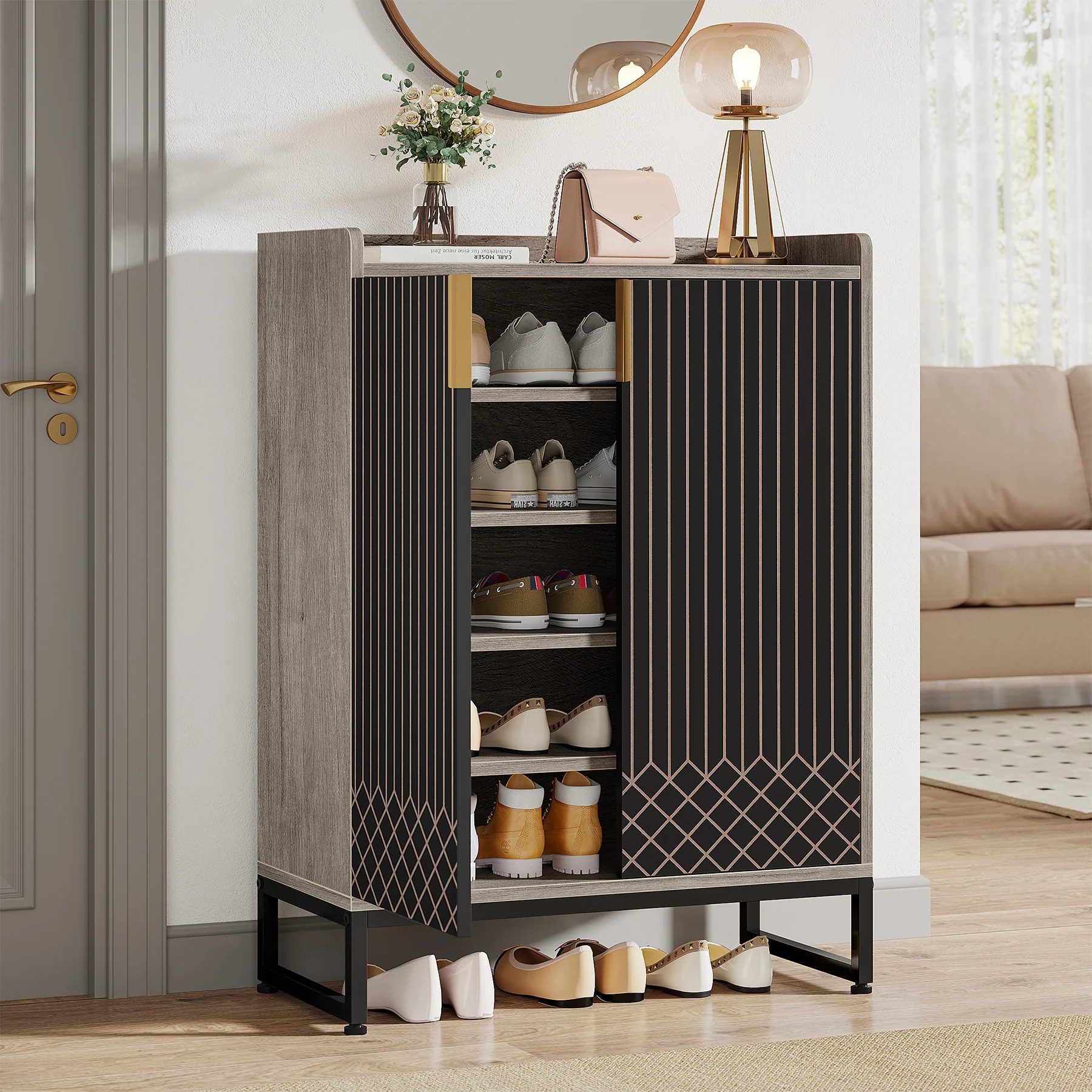 5-Tier Shoe Cabinet with Doors, Freestanding Wood Shoe Organizer for Entryway - Image 18