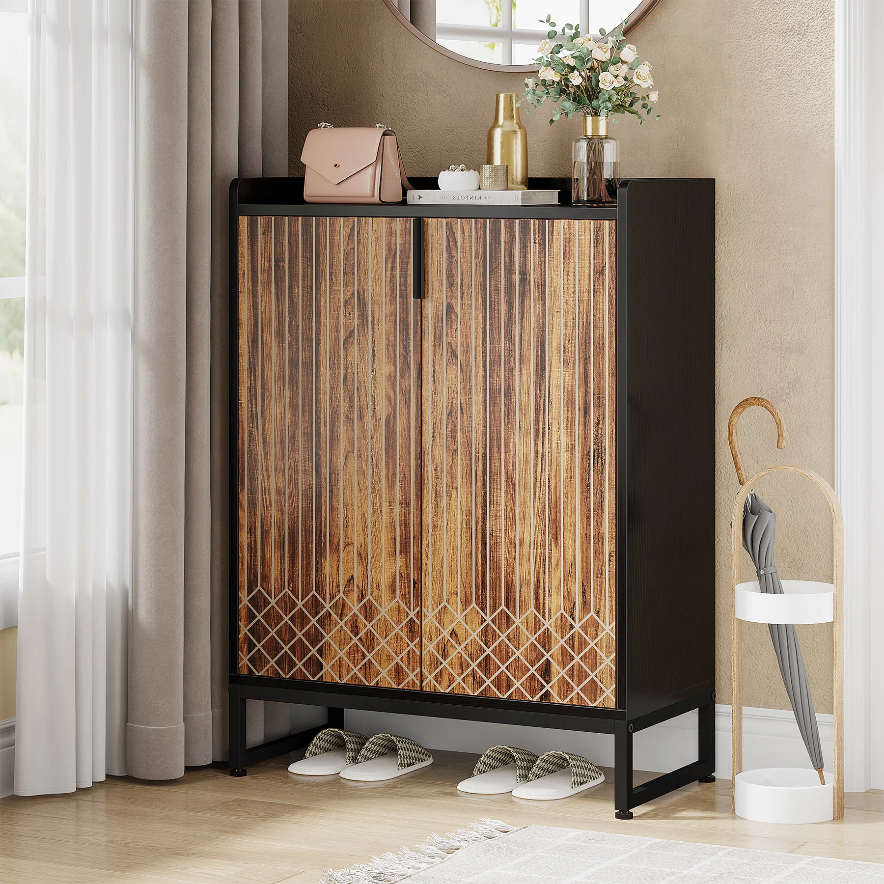 5-Tier Shoe Cabinet with Doors, Freestanding Wood Shoe Organizer for Entryway - Image 24