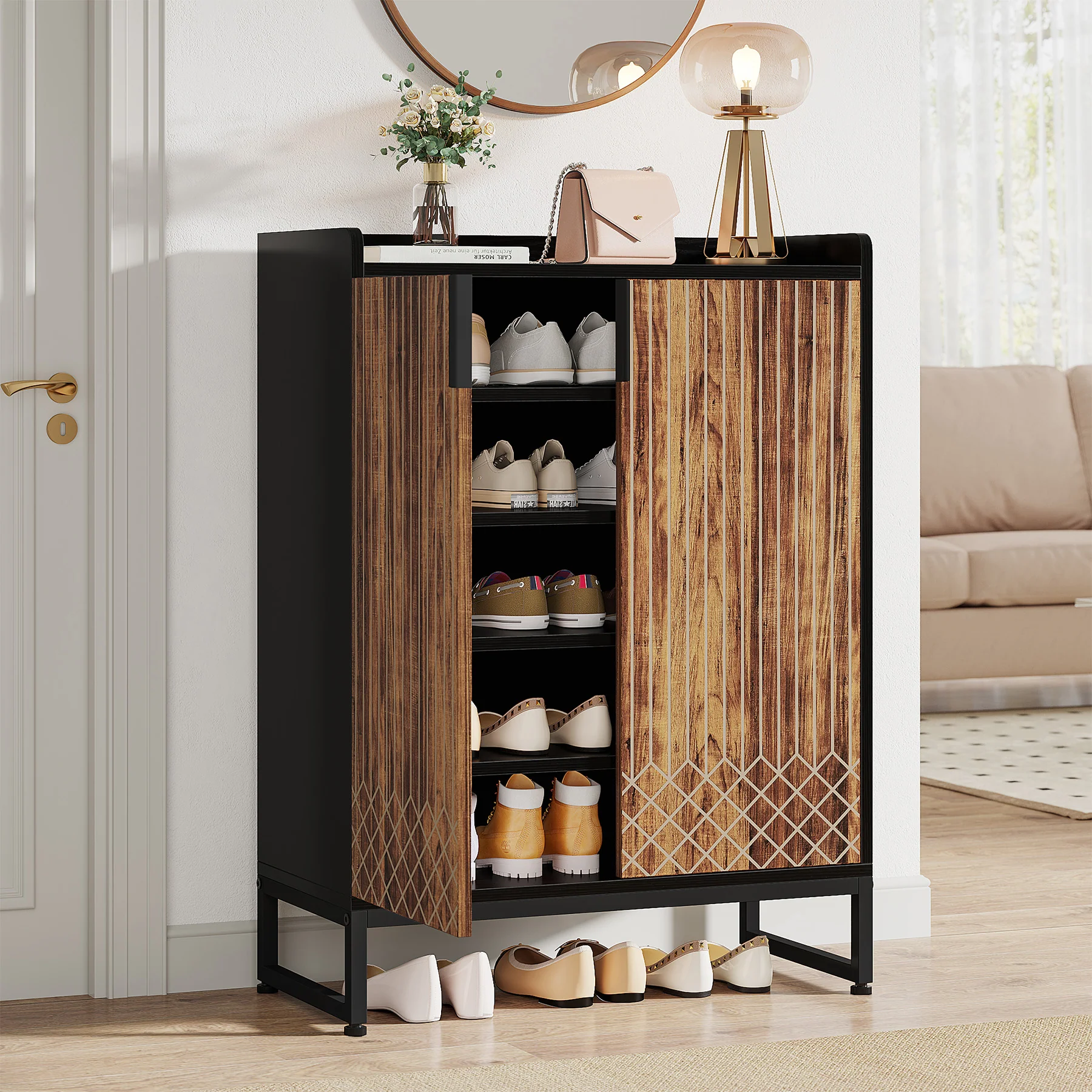 5-Tier Shoe Cabinet with Doors, Freestanding Wood Shoe Organizer for Entryway - Image 26