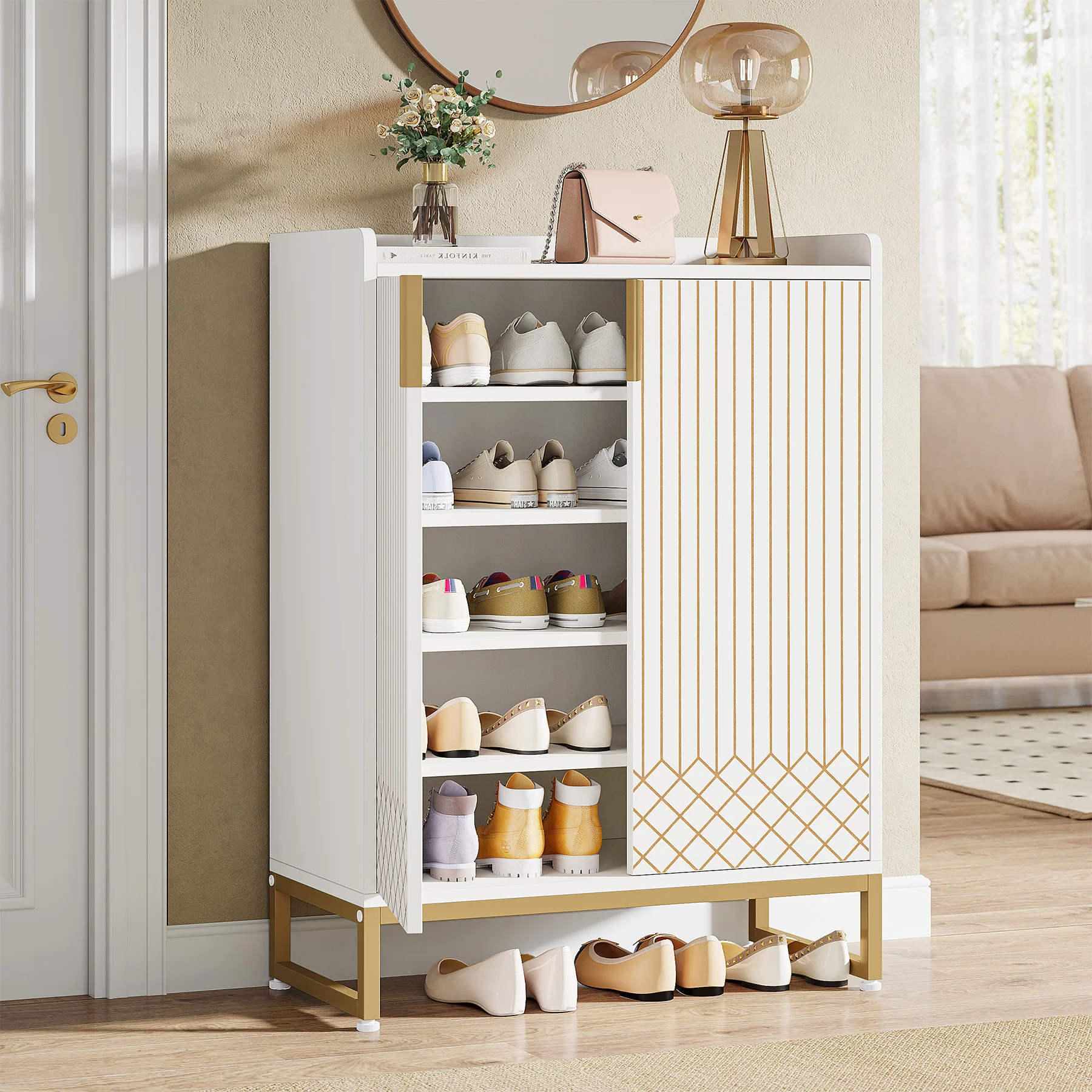 5-Tier Shoe Cabinet with Doors, Freestanding Wood Shoe Organizer for Entryway - Image 4