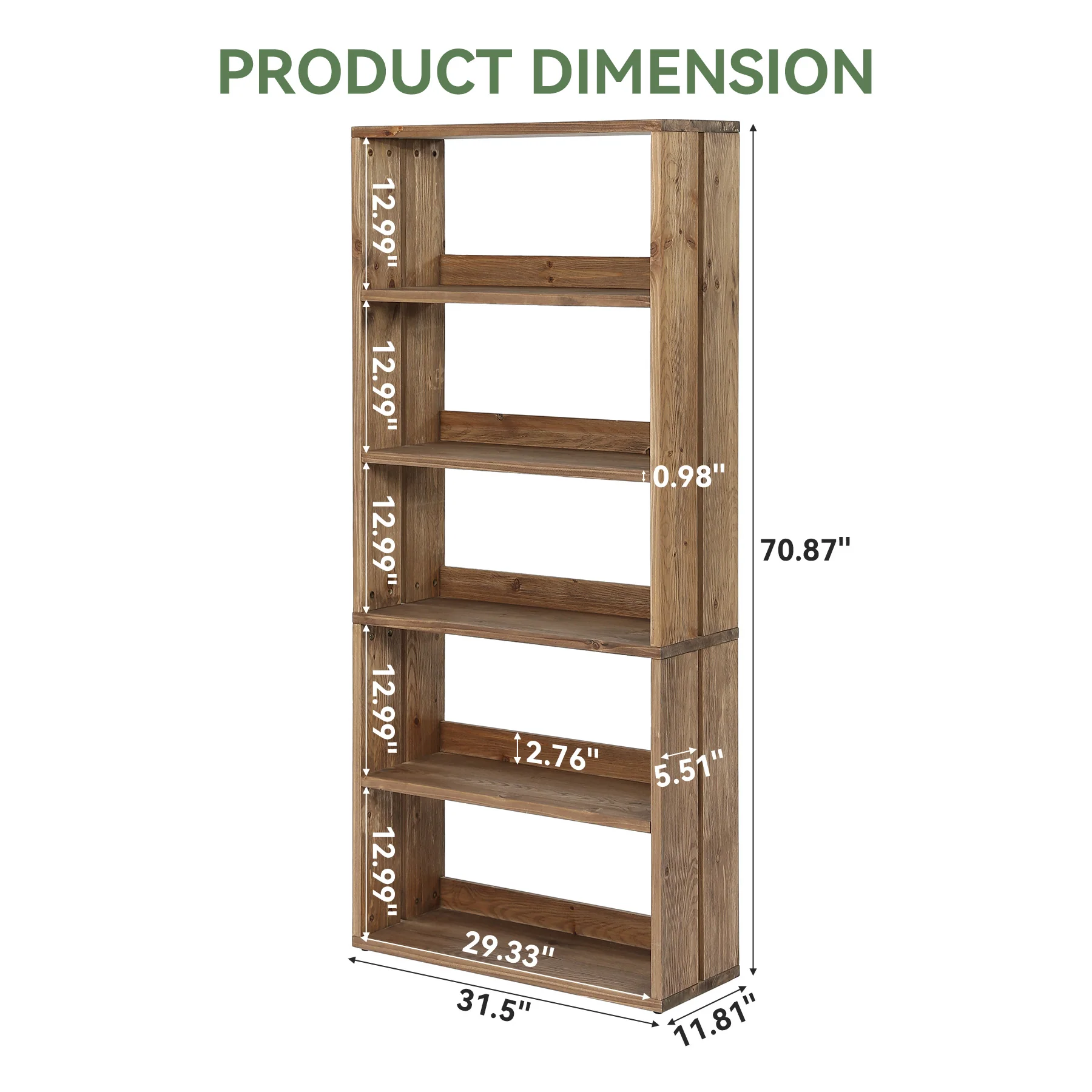 70.8" Tall Bookcase,5-Tier Solid Wood Bookshelf Display Rack for Living Room - Image 2