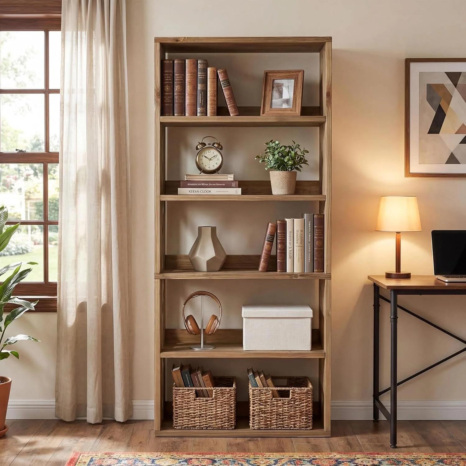 70.8" Tall Bookcase,5-Tier Solid Wood Bookshelf Display Rack for Living Room - Image 3