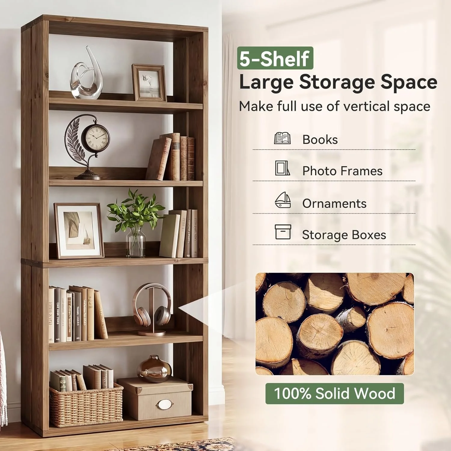 70.8" Tall Bookcase,5-Tier Solid Wood Bookshelf Display Rack for Living Room - Image 5