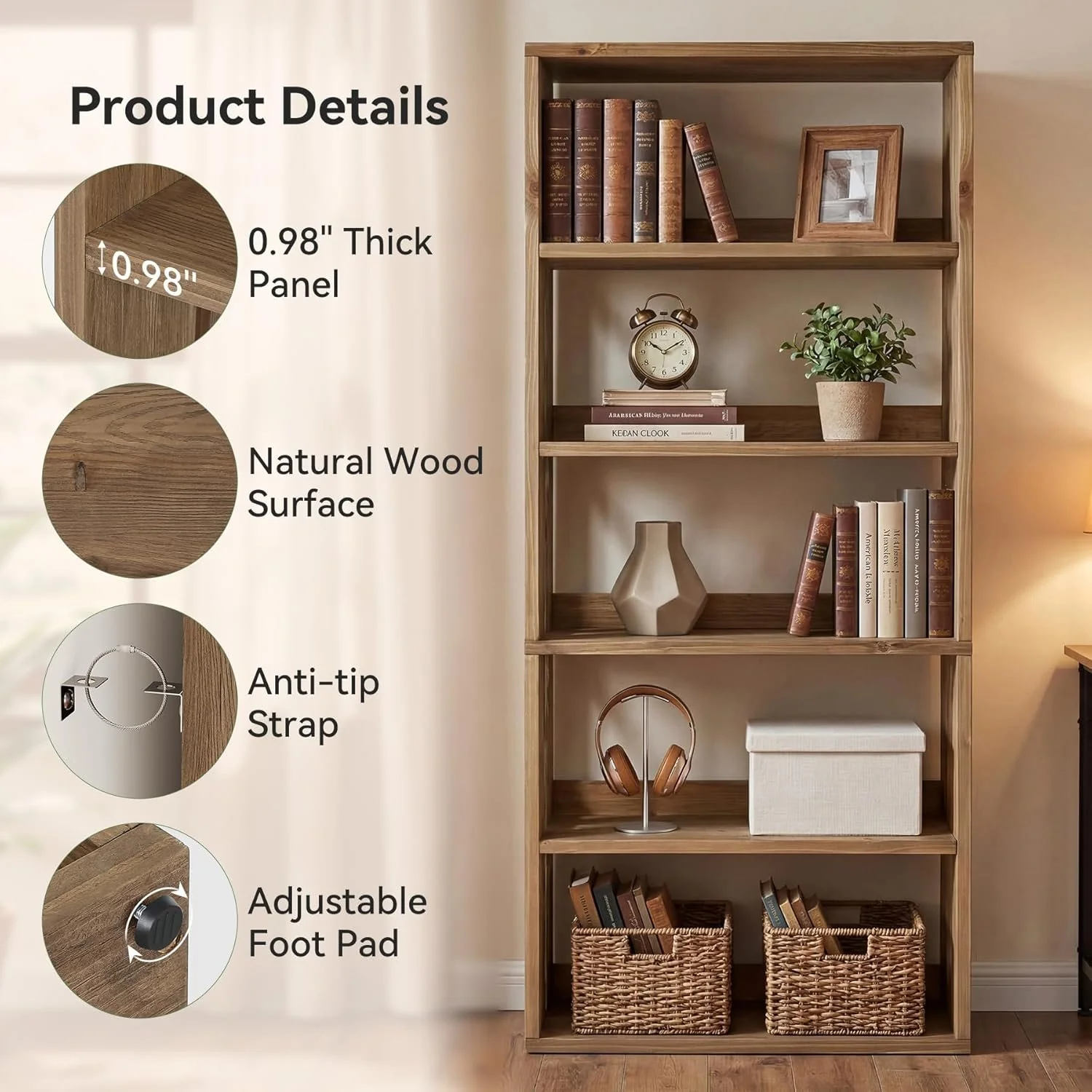 70.8" Tall Bookcase,5-Tier Solid Wood Bookshelf Display Rack for Living Room - Image 6