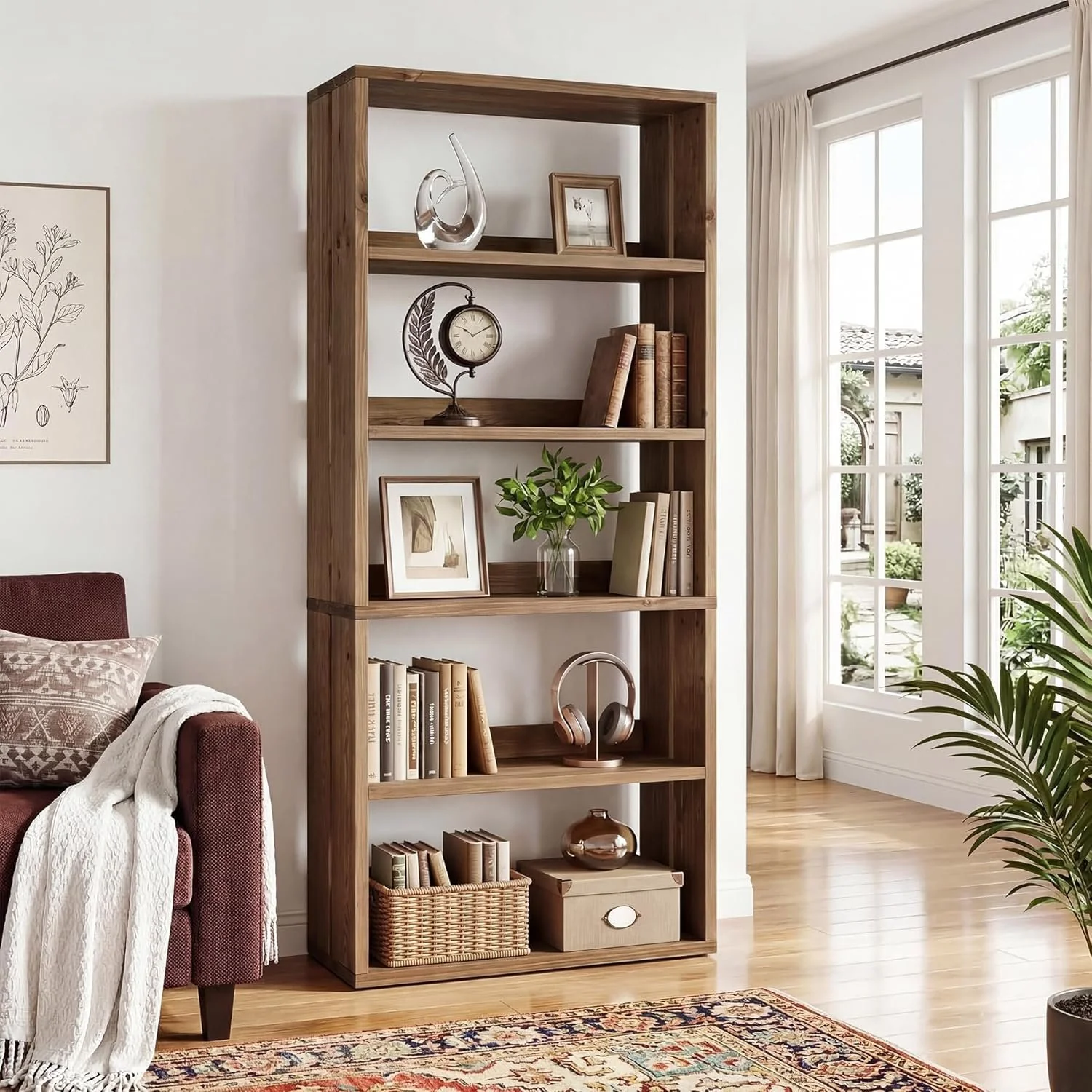 70.8" Tall Bookcase,5-Tier Solid Wood Bookshelf Display Rack for Living Room - Image 7